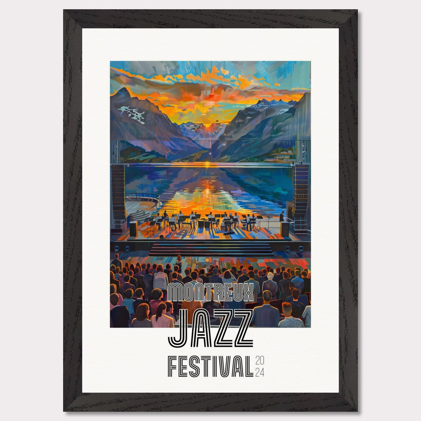 This vibrant poster showcases the Montreux Jazz Festival 2024. The image captures a stunning sunset over a serene lake surrounded by mountains, with a jazz band performing on an outdoor stage. The audience is depicted enjoying the music, creating a lively and engaging atmosphere.