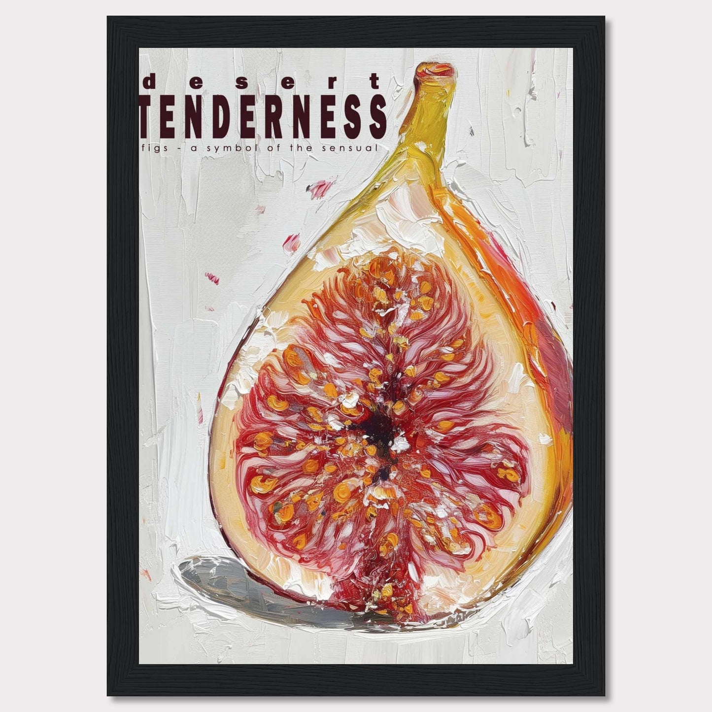 This image features an artistic representation of a fig, emphasizing its rich, sensual qualities. The painting uses bold brushstrokes and vibrant colors to highlight the intricate details of the fruit.