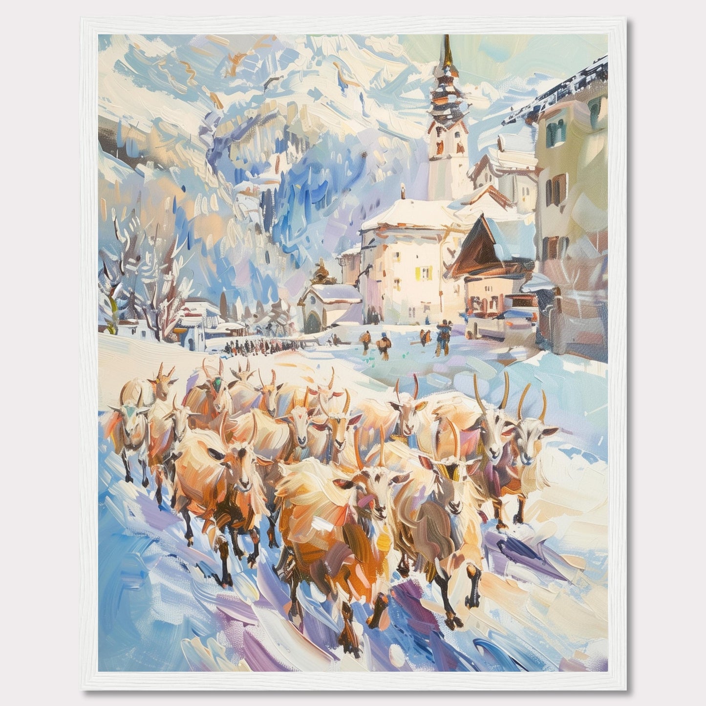 This captivating painting depicts a serene winter village scene with a herd of sheep being guided through the snow-covered streets. The backdrop features majestic snow-capped mountains and charming alpine architecture, including a prominent church steeple.