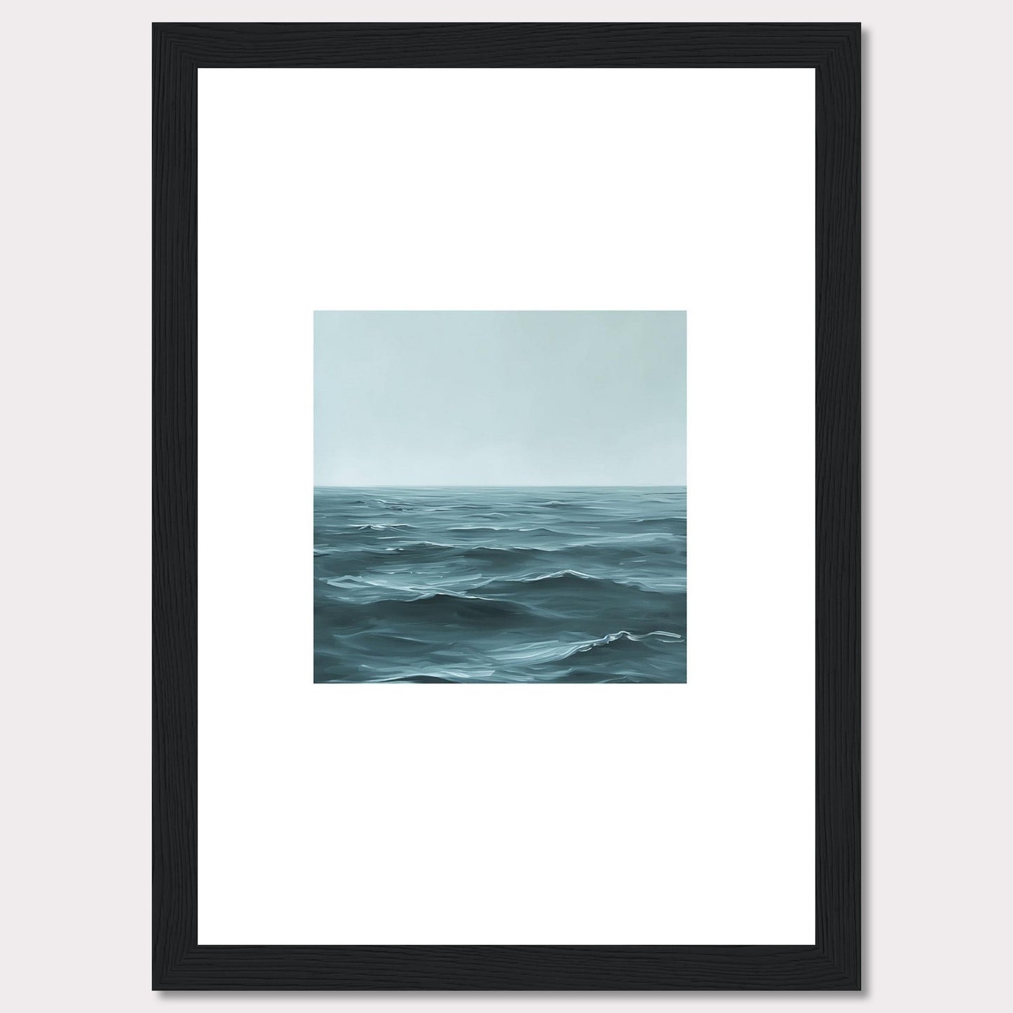 This serene artwork captures the vastness of the ocean, inviting a sense of calm and tranquility into any space. The painting features gentle waves under a soft, misty sky, framed elegantly in black.