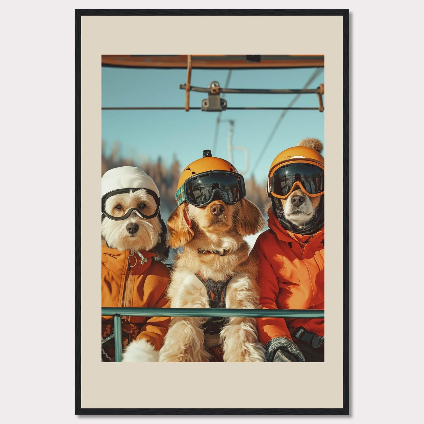 This charming photo features three adorable dogs dressed in winter gear, complete with helmets and goggles, enjoying a ride on a ski lift. The bright blue sky and snowy background add to the fun and adventurous atmosphere.