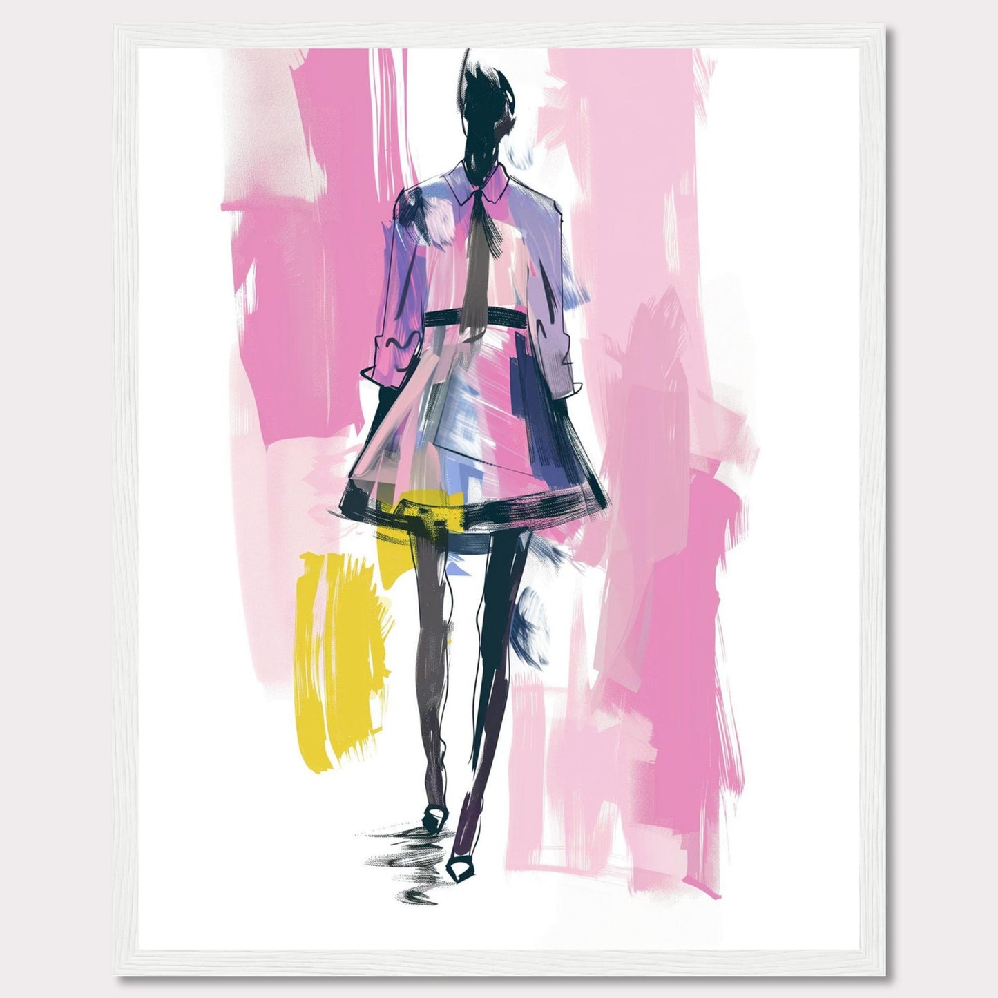 This image showcases a fashion illustration featuring a stylish figure in a vibrant dress. The artwork is characterized by bold brush strokes and a mix of colors, including pink, purple, yellow, and black. The figure exudes confidence, walking forward with purpose.