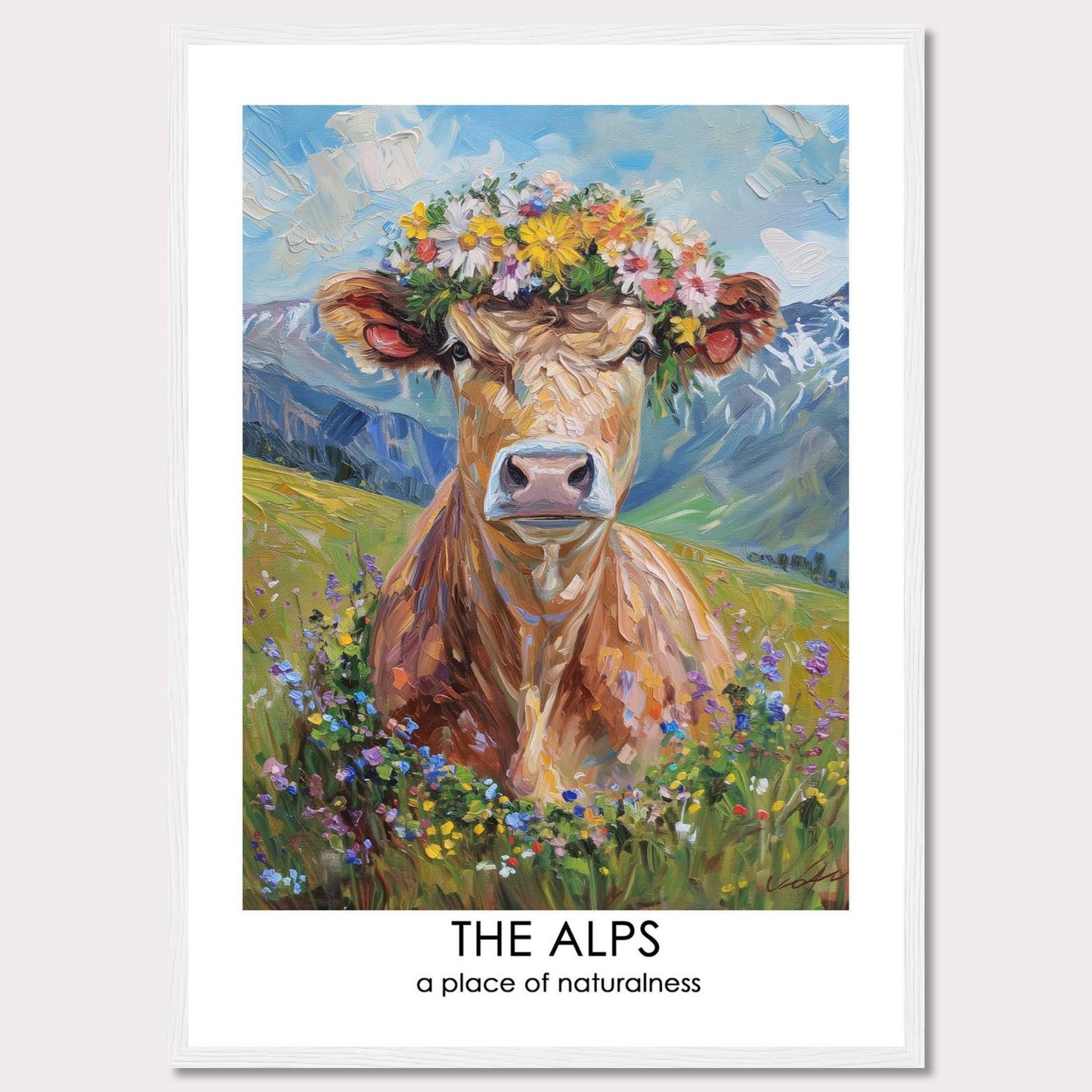 This vibrant artwork depicts a cow adorned with a colorful flower crown, set against the stunning backdrop of the Alps. The painting captures the essence of natural beauty and tranquility.