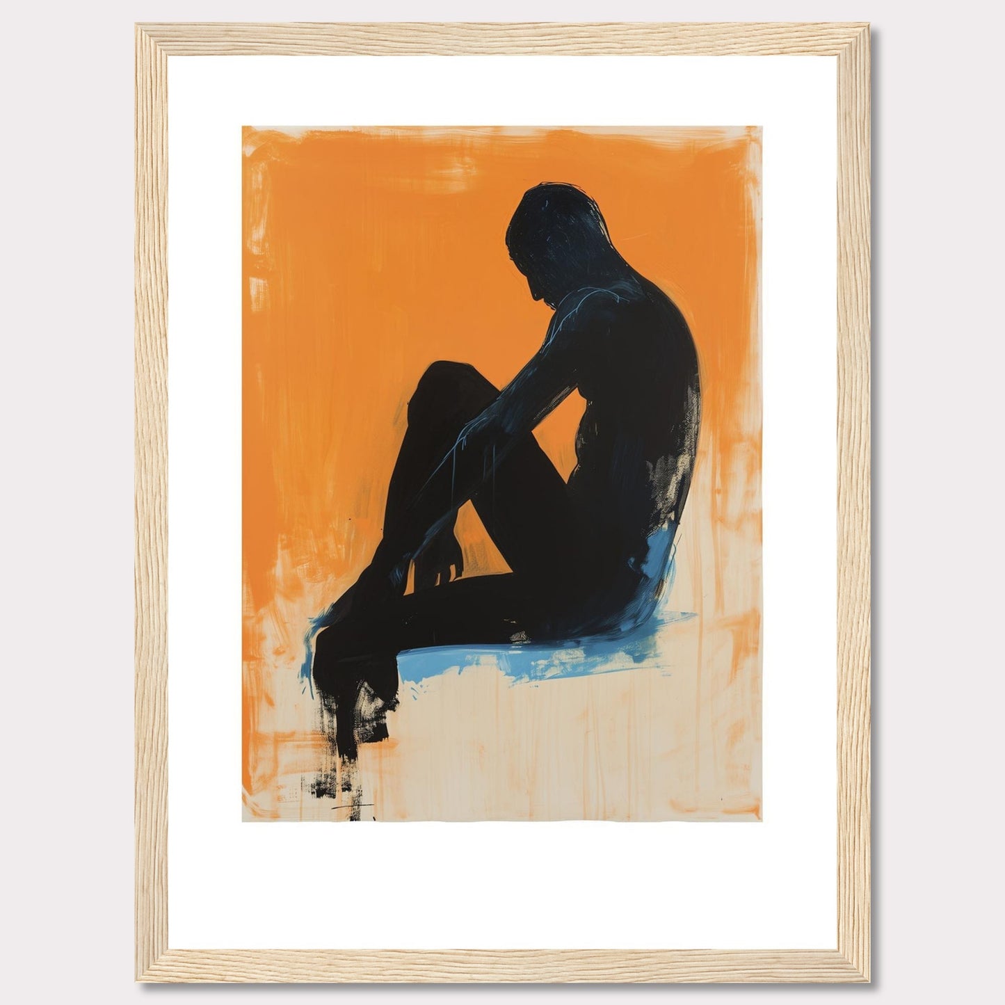 This striking artwork features a silhouette of a seated figure against a vibrant orange background, creating a powerful contrast. The figure is painted in dark tones with hints of blue, adding depth and emotion to the piece.