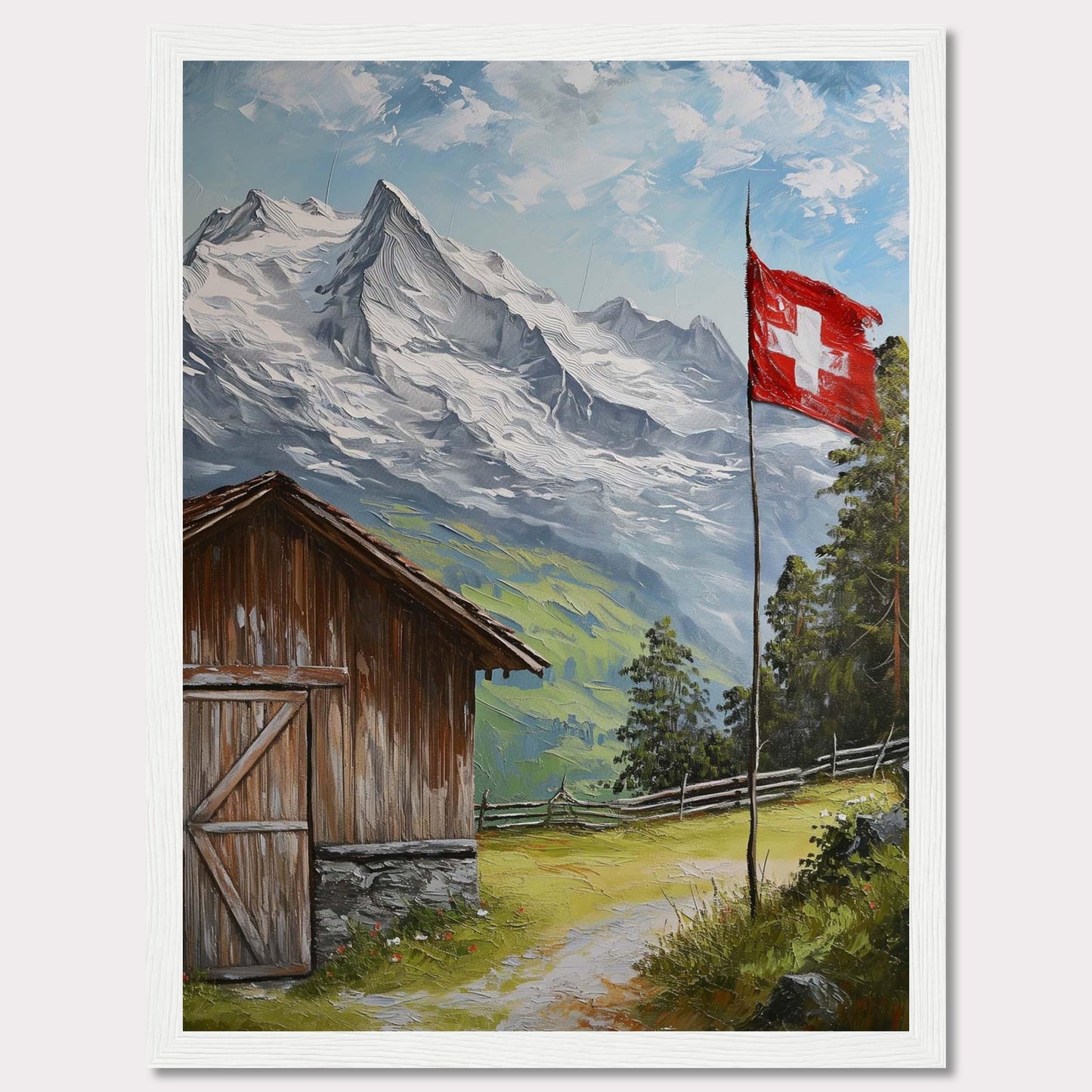 This image depicts a serene mountain scene with a rustic wooden cabin, a Swiss flag fluttering in the breeze, and majestic snow-capped peaks in the background. The lush greenery and clear blue sky add to the tranquil atmosphere.