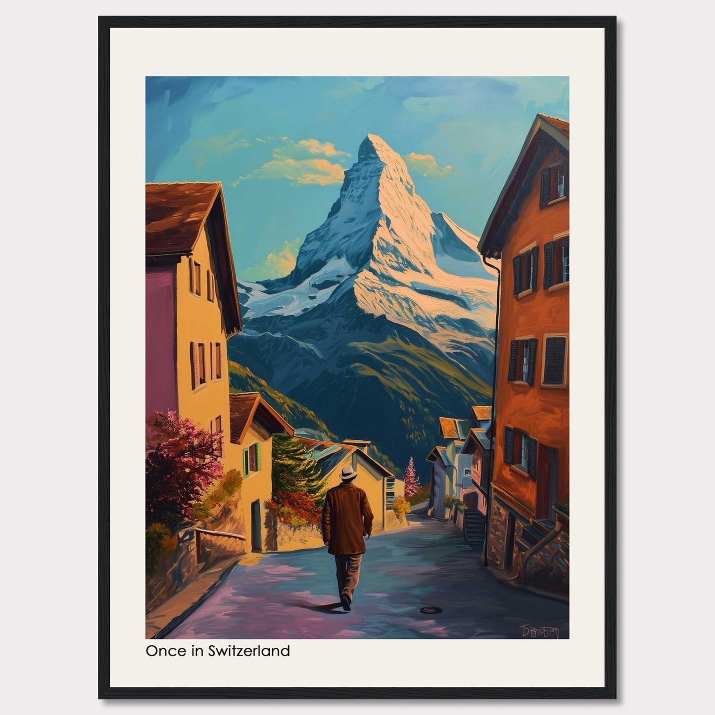 This beautiful painting captures a serene Swiss village with the majestic Matterhorn mountain in the background. The scene features charming houses, a lone figure walking down the street, vibrant foliage, and a clear blue sky.