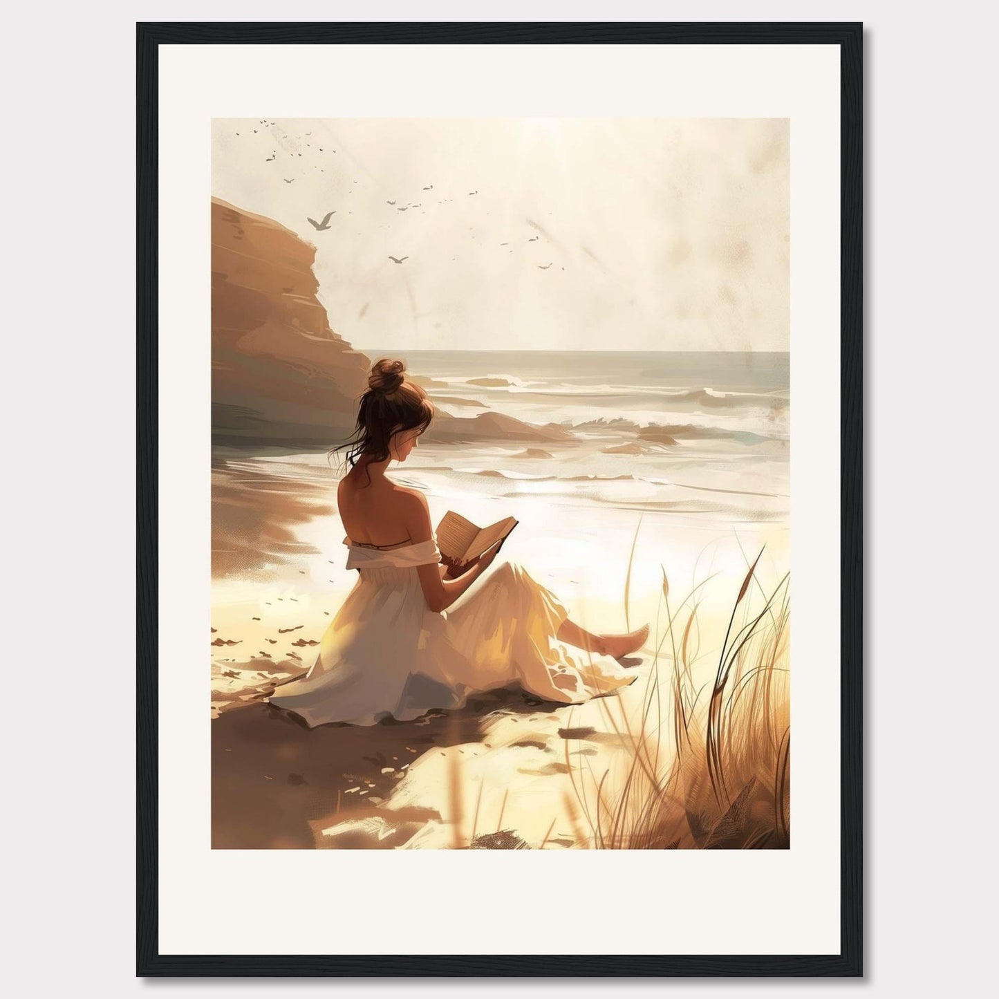 This serene artwork depicts a woman in a white dress sitting on a sandy beach, engrossed in a book. The sun casts a warm golden glow over the scene, enhancing the tranquil atmosphere. In the background, waves gently crash against the shore, and birds soar in the sky.