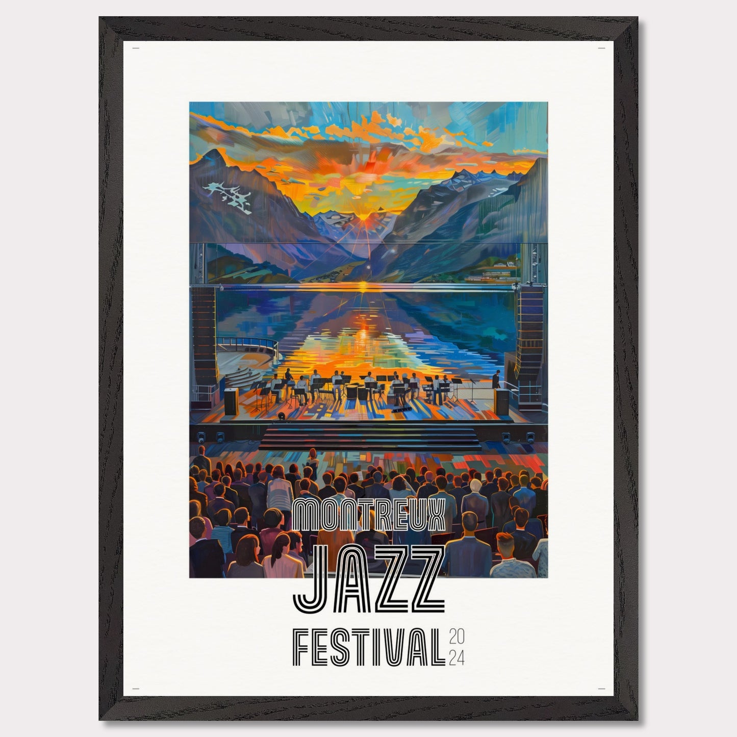 This vibrant poster showcases the Montreux Jazz Festival 2024. The image captures a stunning sunset over a serene lake surrounded by mountains, with a jazz band performing on an outdoor stage. The audience is depicted enjoying the music, creating a lively and engaging atmosphere.