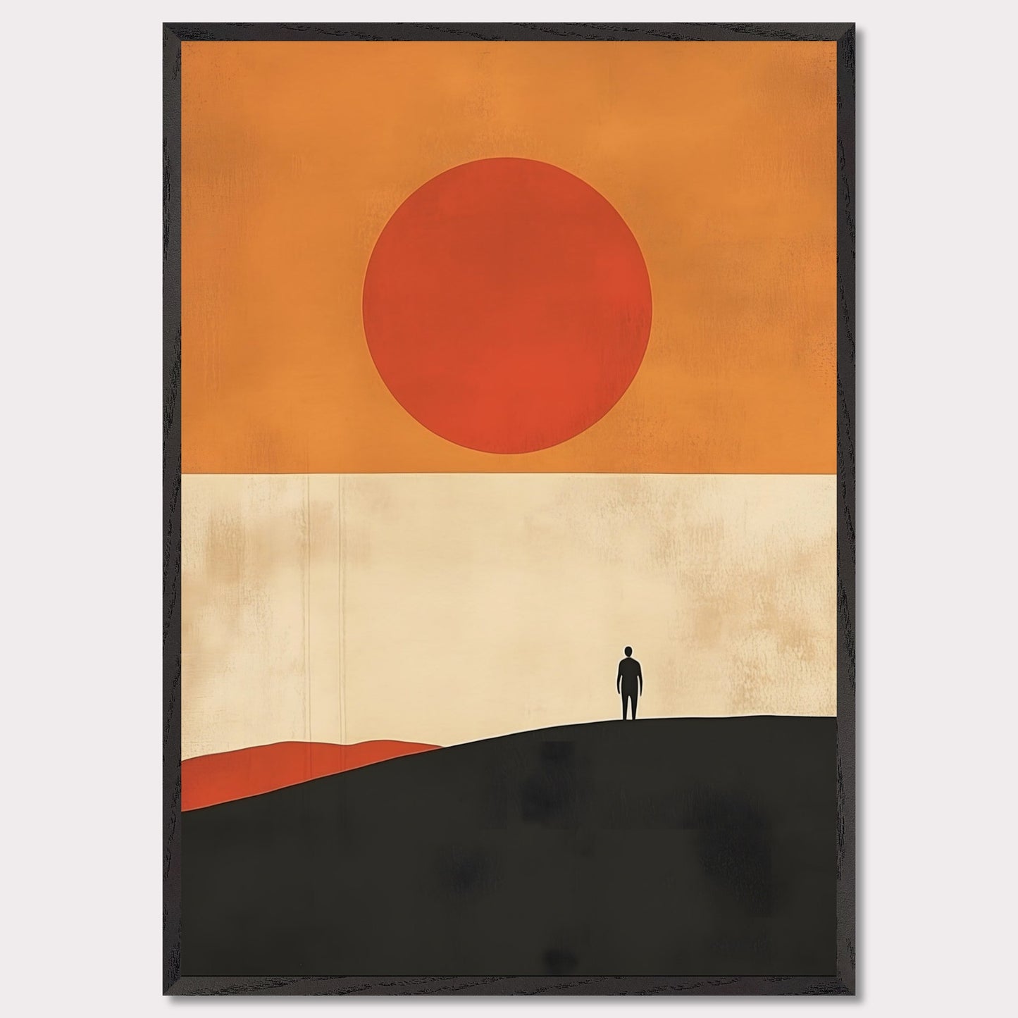 A striking minimalist artwork that conveys a sense of isolation and reflection. A lone figure stands on a hill under an oversized sun, evoking themes of wanderlust, contemplation, and the vastness of the world. The warm tones and simple composition give it a timeless, meditative feel.