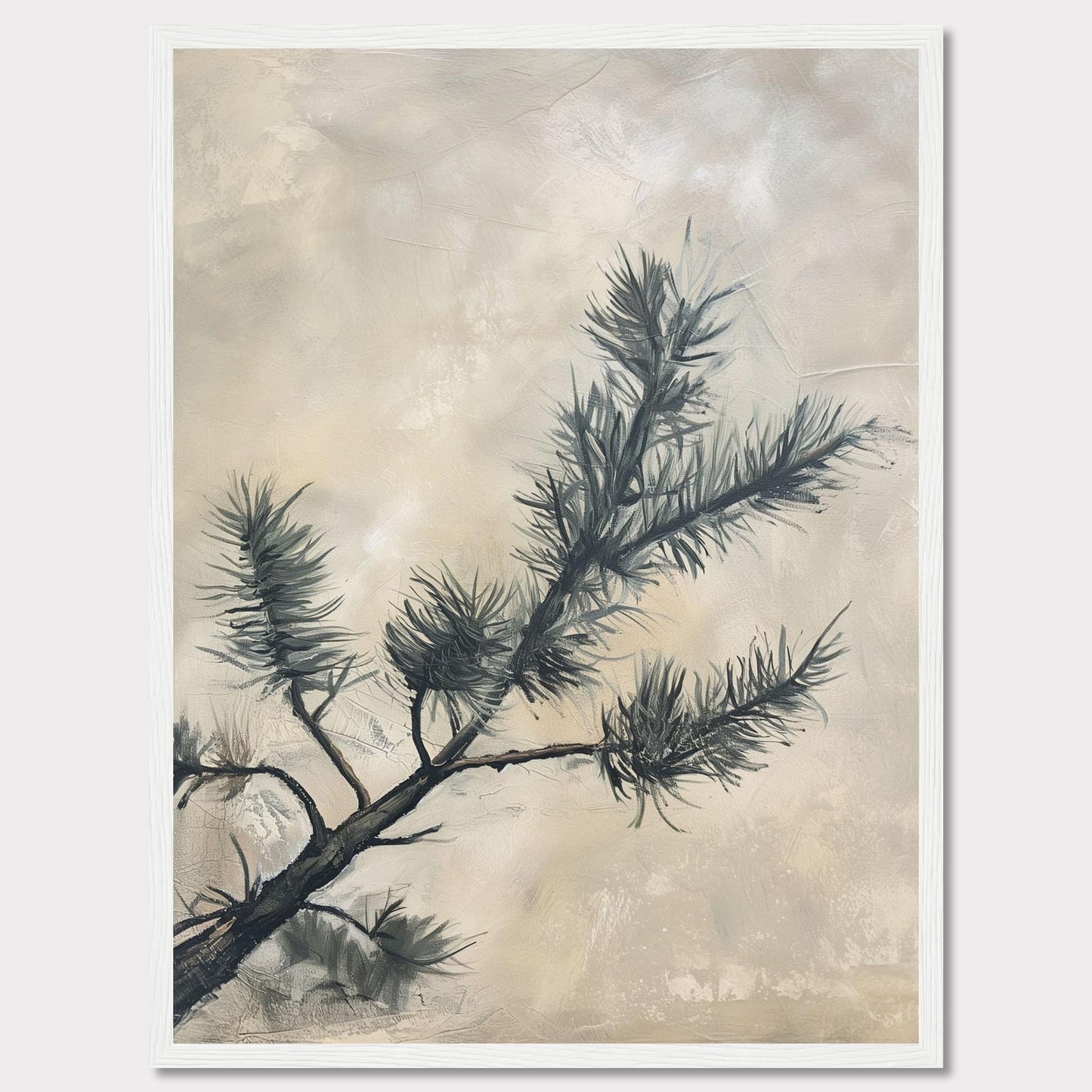 This elegant artwork features a delicate pine branch set against a soft, muted background. The painting captures the serene beauty of nature with its minimalist design and subtle color palette.