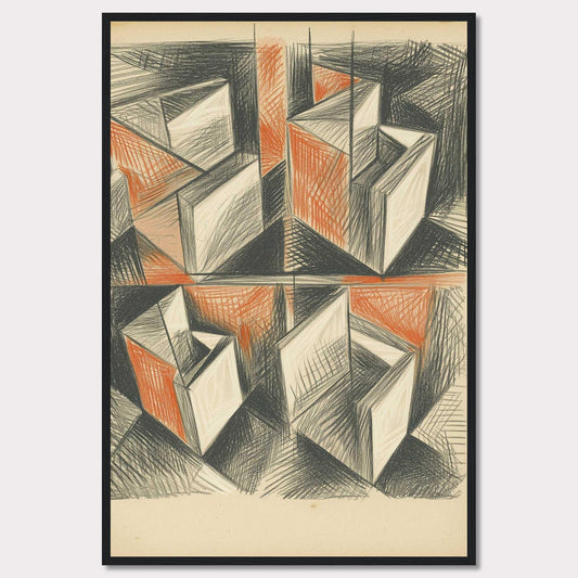 This artwork features an abstract geometric composition with intersecting shapes and lines. The use of black and orange tones creates a dynamic and intriguing visual effect.