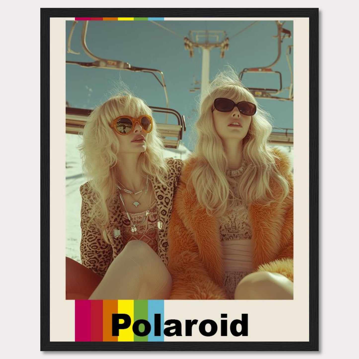 This vibrant Polaroid poster captures two stylish women wearing retro outfits and sunglasses, enjoying a sunny day on a ski lift.