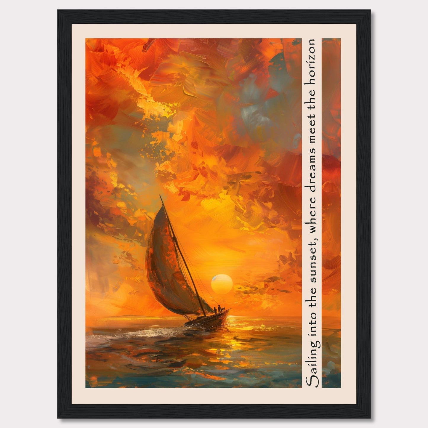 This captivating artwork depicts a sailboat gliding through the vibrant hues of a sunset, where the sky meets the sea in a harmonious blend of colors. The painting's warm tones evoke a sense of tranquility and adventure.