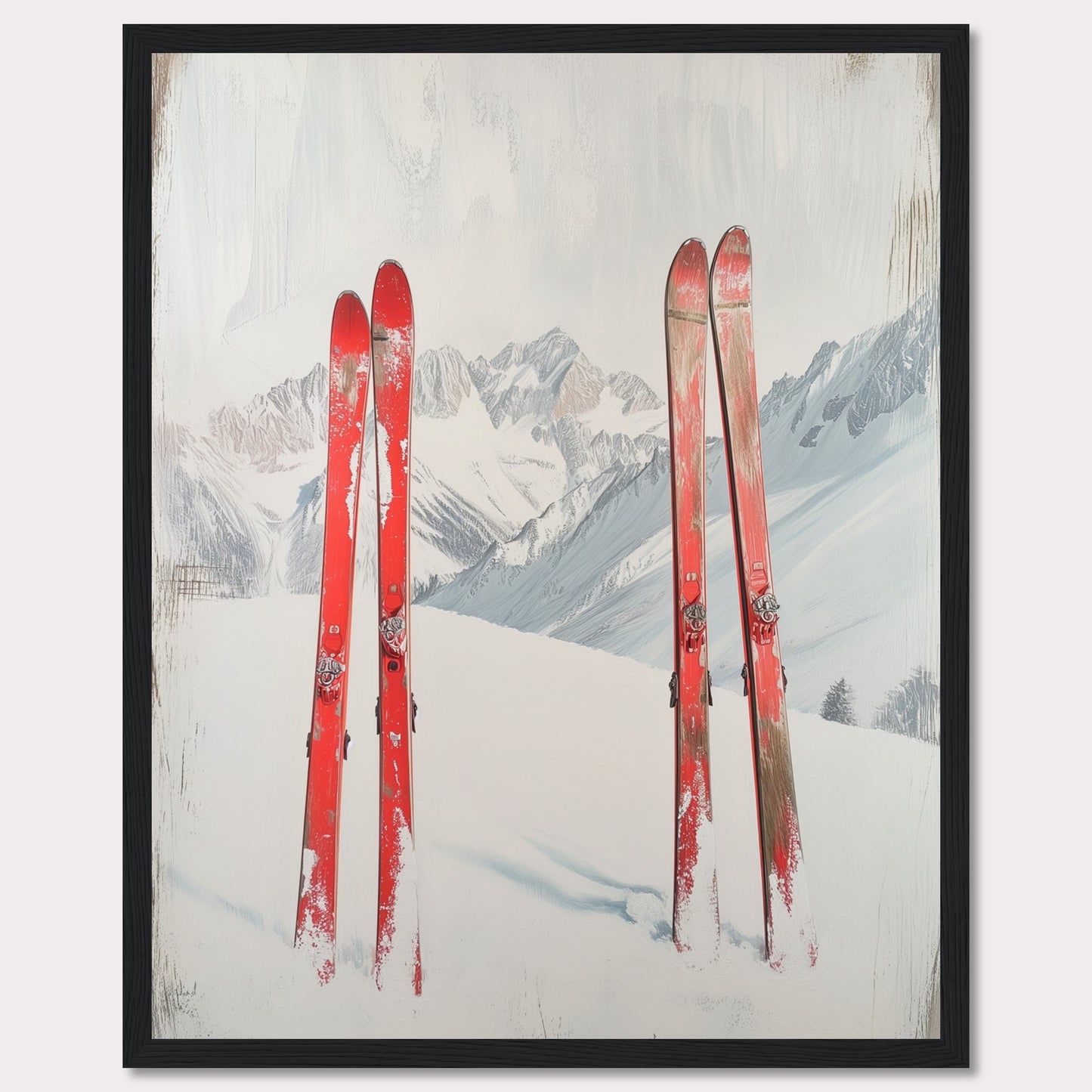 This captivating image showcases a serene winter scene with four red skis planted in the snow against a backdrop of majestic, snow-covered mountains. The skis stand out vibrantly against the white snow and the muted tones of the distant peaks. The overall composition evokes a sense of adventure and the thrill of skiing in the great outdoors.