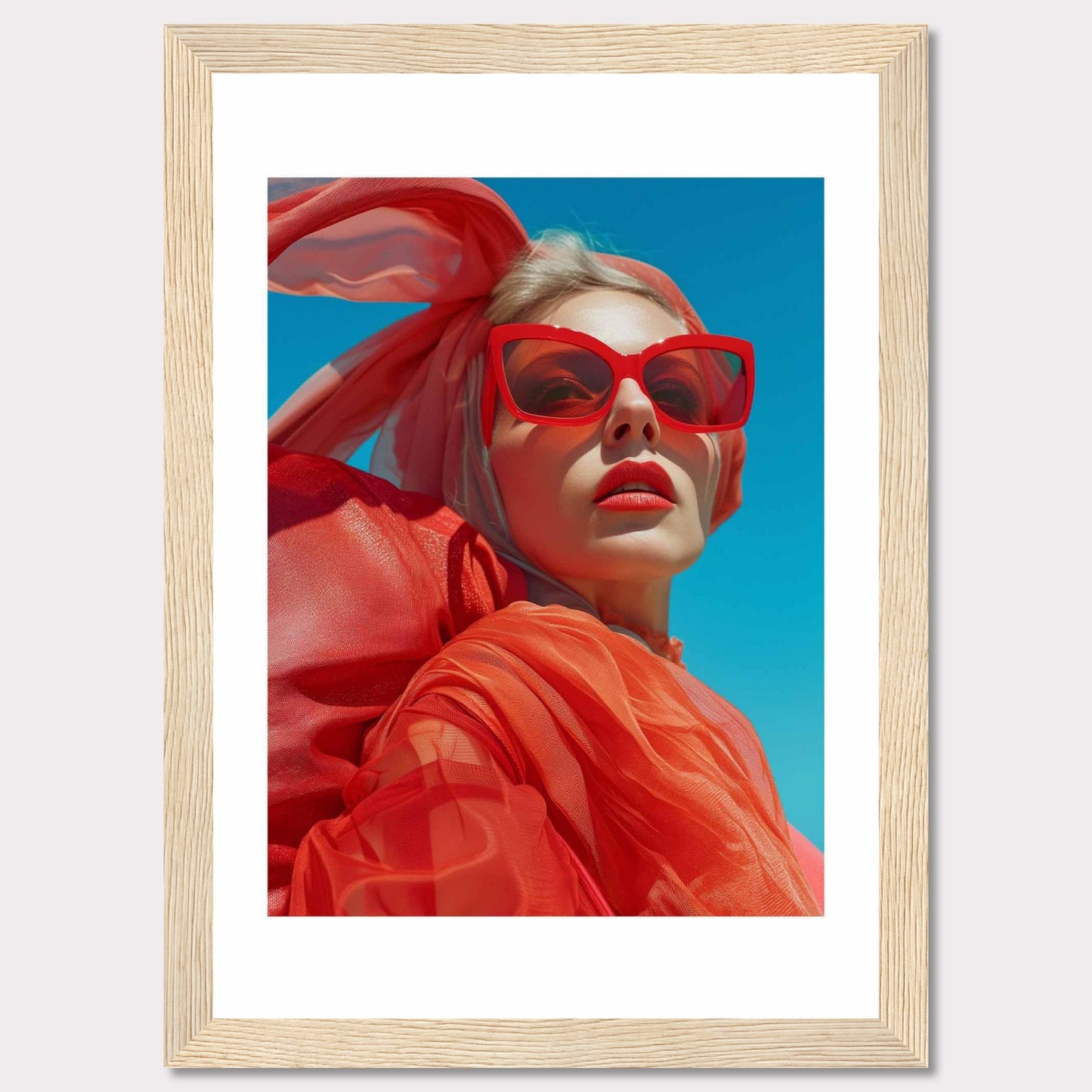 This striking photo features a confident woman wearing bold red sunglasses and a matching headscarf against a vibrant blue sky. The image is framed in a sleek black border, enhancing its modern aesthetic.