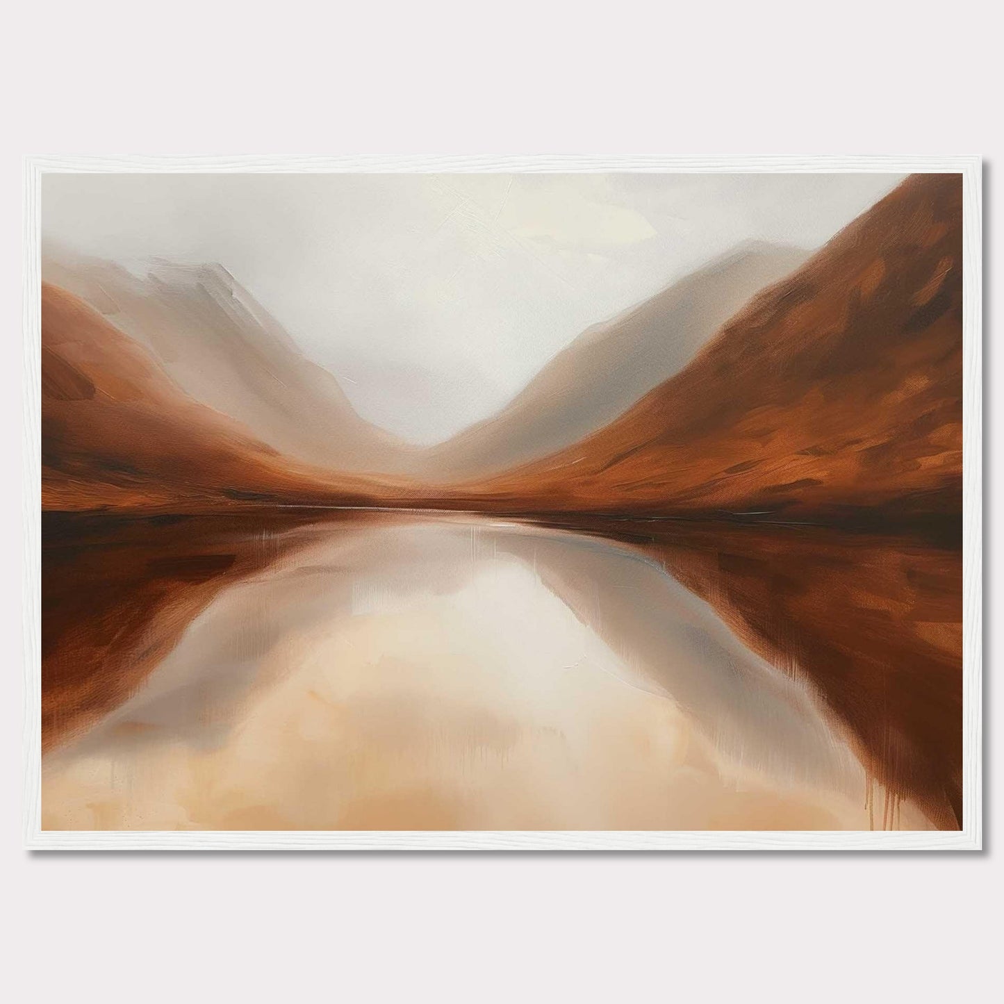 This captivating painting showcases a serene landscape with misty mountains reflected in a calm lake. The earthy tones of the mountains blend seamlessly with the soft, cloudy sky, creating a tranquil and harmonious scene.