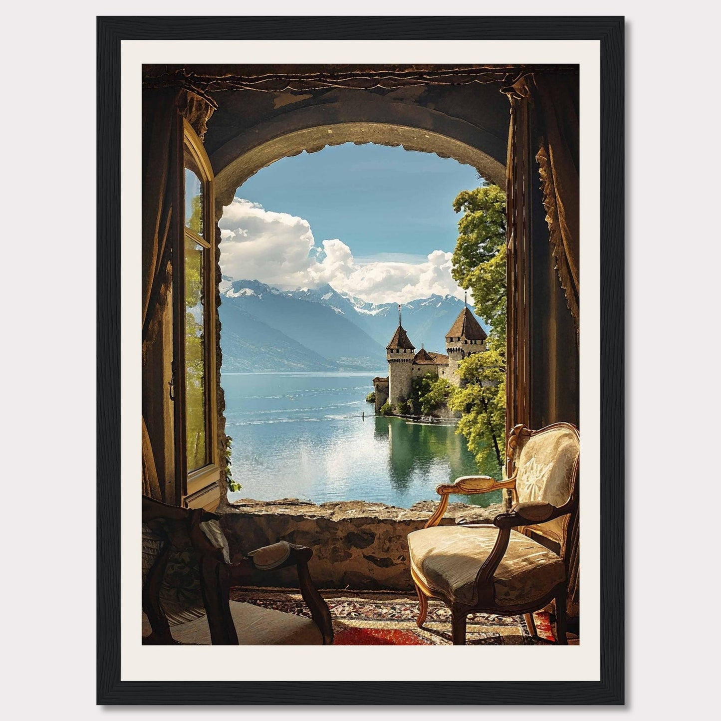 This stunning framed artwork captures a breathtaking view through an arched window, revealing a serene lake with a majestic castle and snow-capped mountains in the background. The cozy interior with antique chairs adds a touch of warmth and elegance.