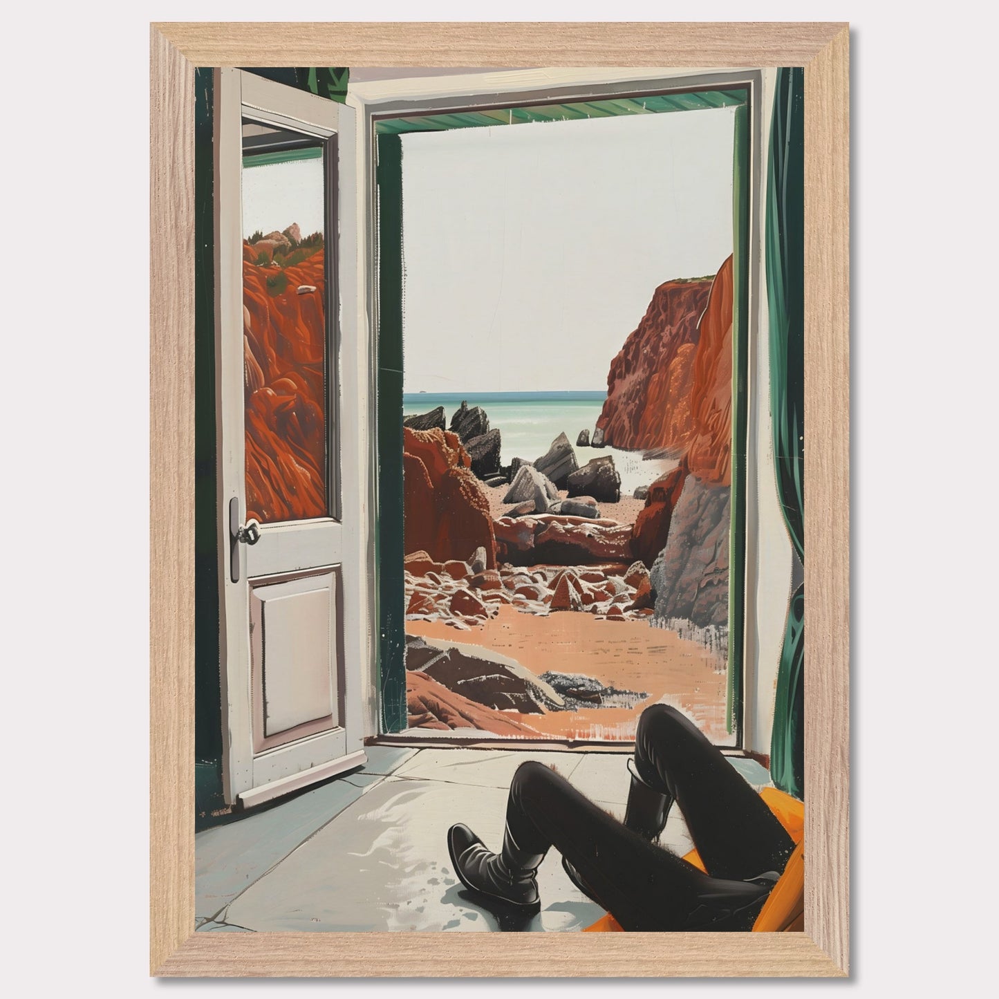 This image captures a serene view of a rocky beach through an open door. The scene is framed by the interior of a room where a person is seated, legs stretched out, possibly relaxing and enjoying the view.