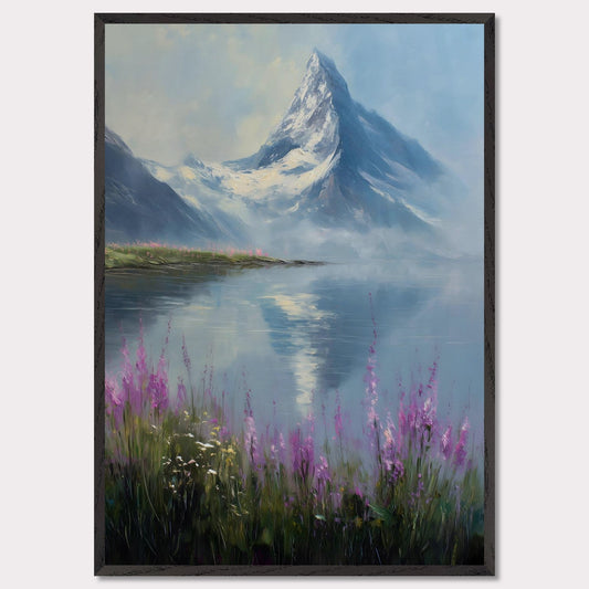Snow-dusted Matterhorn rises over a lake fringed with fireweed in bloom. Reflections shimmer, colors merge in peace. This image is a mountain hush, an ode to bloom, ice, and awe.