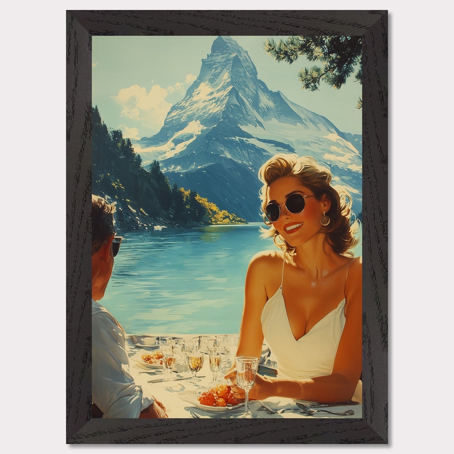 This illustration depicts a scenic outdoor dining setting by a lake with snowy mountains in the background. A woman in sunglasses and a white dress is smiling while holding a glass, and a man is sitting across from her.