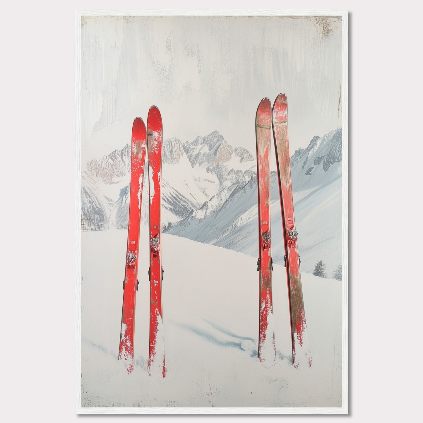 This captivating image showcases a serene winter scene with four red skis planted in the snow against a backdrop of majestic, snow-covered mountains. The skis stand out vibrantly against the white snow and the muted tones of the distant peaks. The overall composition evokes a sense of adventure and the thrill of skiing in the great outdoors.