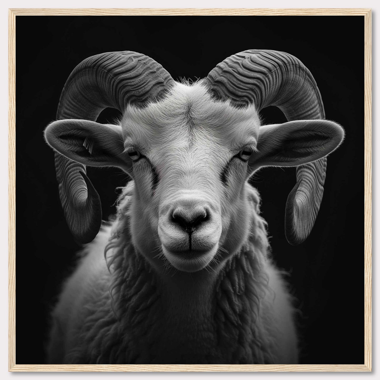 This striking black and white photograph captures the majestic presence of a ram with impressive, curved horns. The detailed texture of its fur and the intensity in its eyes are beautifully highlighted against a dark background.