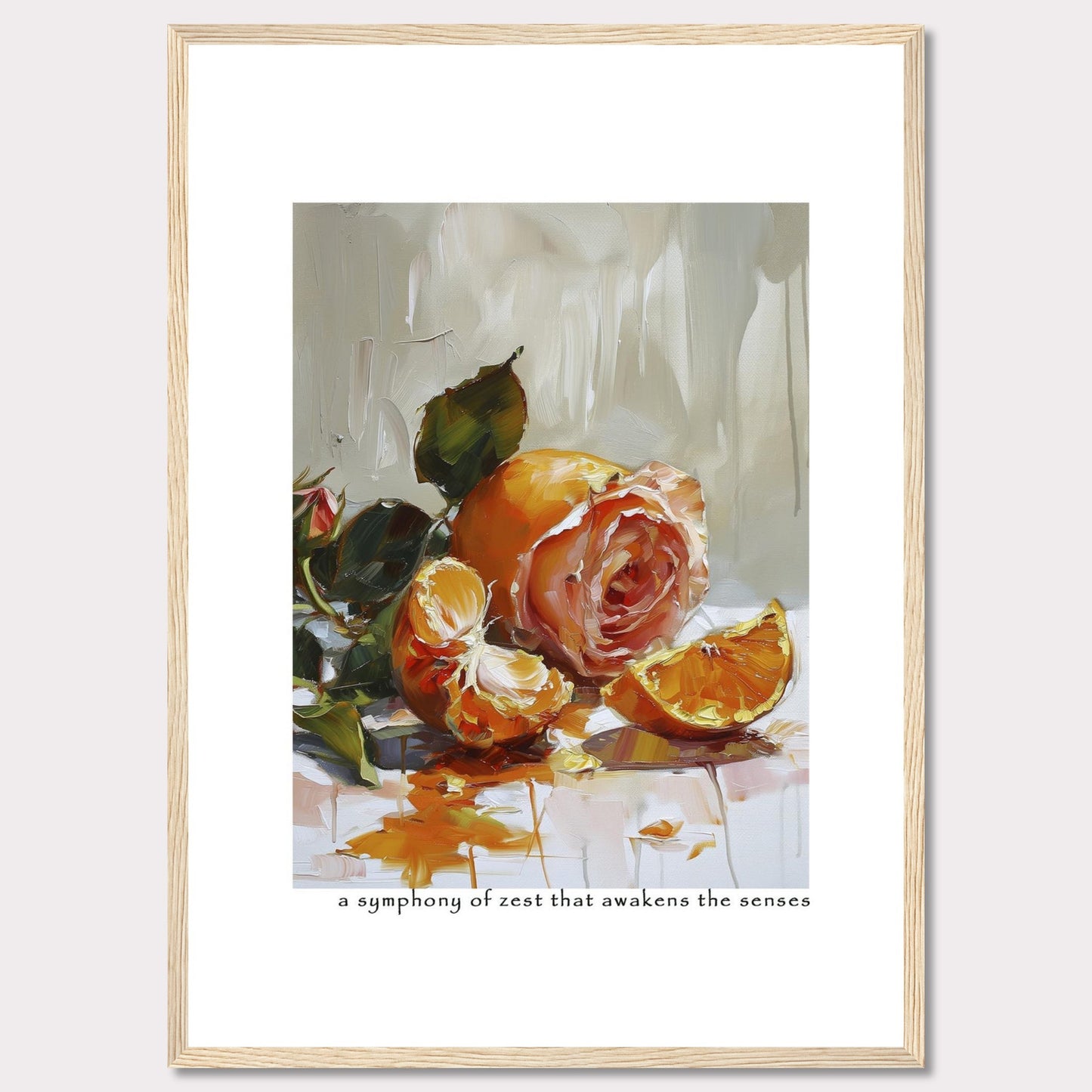 This captivating painting features a delicate rose intertwined with vibrant orange segments, creating a stunning contrast of colors and textures. The brushstrokes evoke a sense of freshness and vitality, making it a perfect piece to invigorate any space.