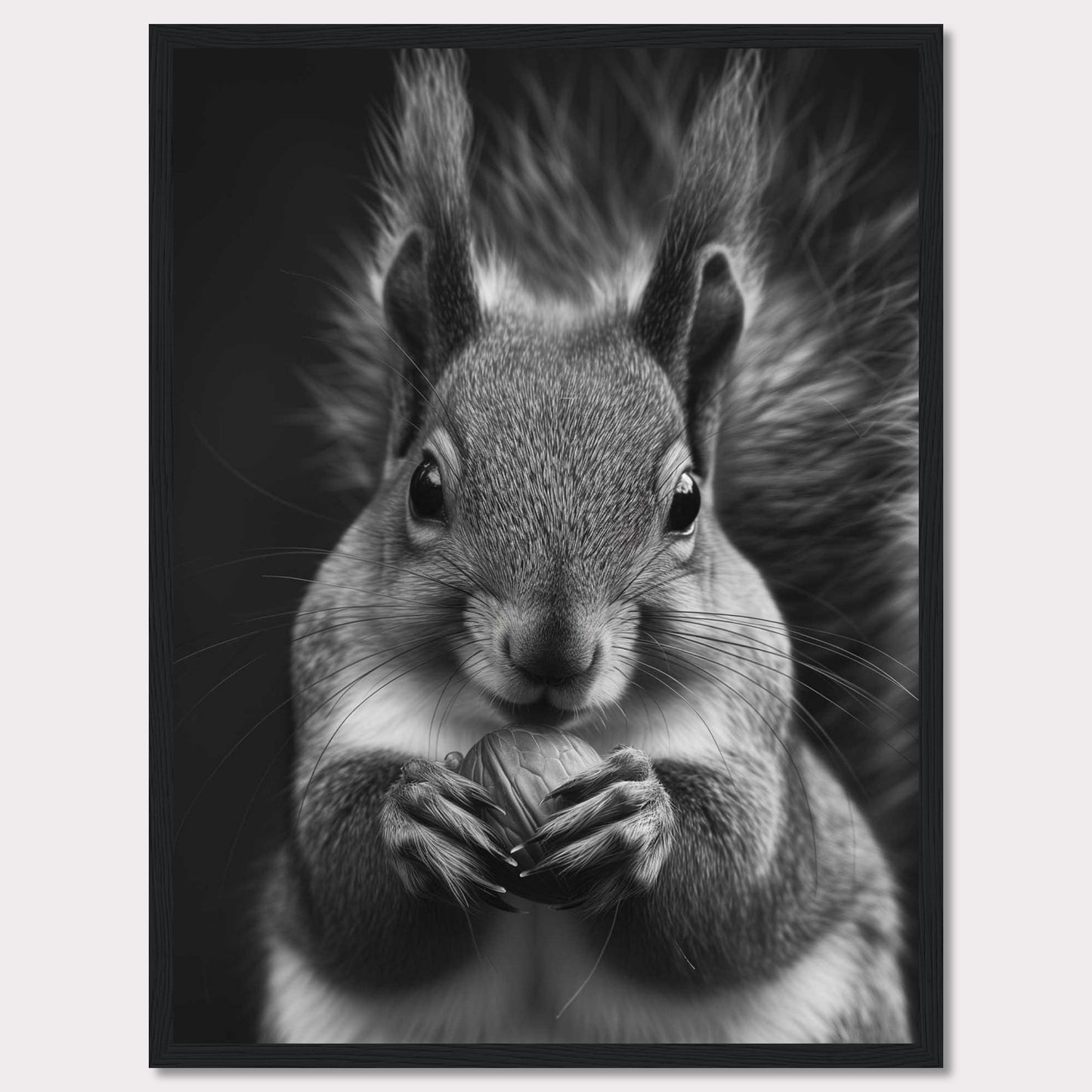 This captivating black and white photograph showcases a close-up of a squirrel holding a nut. The fine details of the squirrel's fur and the texture of the nut are beautifully highlighted, creating a striking contrast against the dark background. The squirrel's focused gaze adds an element of intensity to the image.