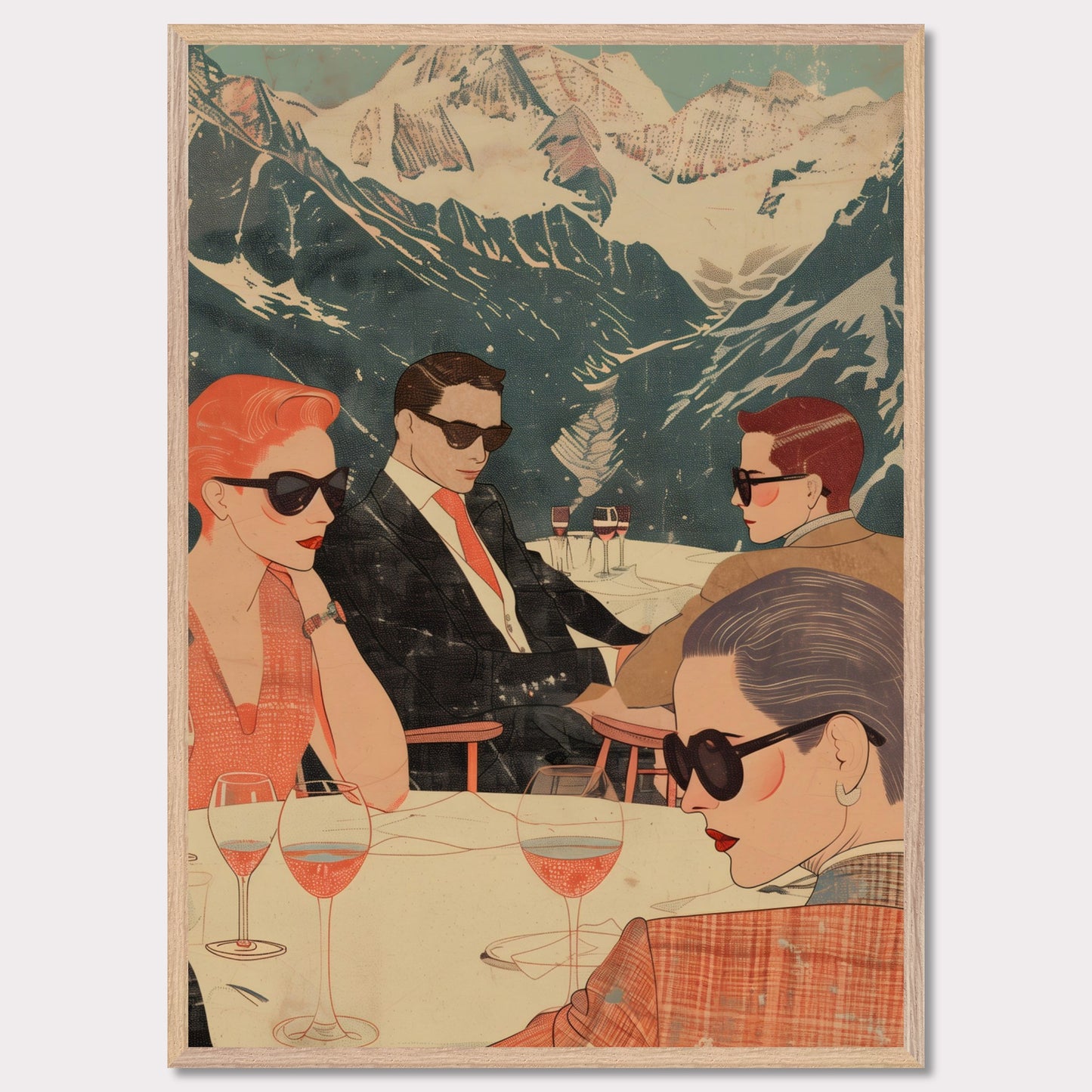 This captivating illustration depicts a stylish group of individuals enjoying a sophisticated gathering with a stunning mountain backdrop.