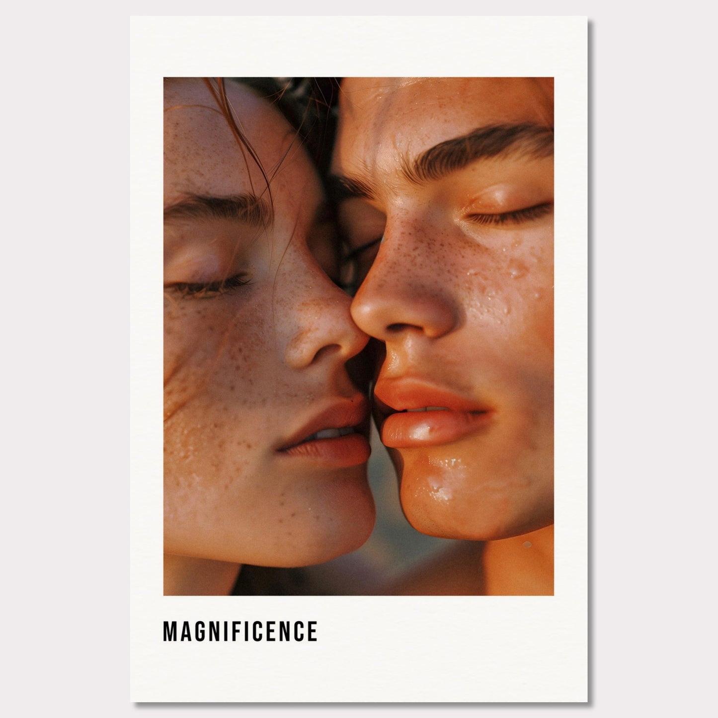 This illustration shows a close-up of two individuals with their faces intimately close, highlighting their freckles and closed eyes.

This poster will fit well in a modern living room, bedroom, or art studio, adding a touch of elegance and intimacy to the space.