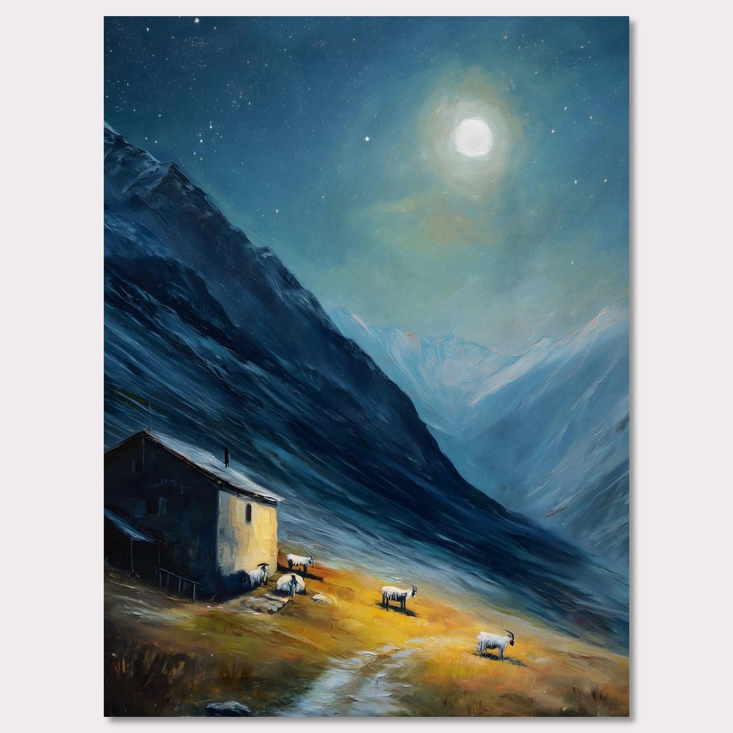 Nestled between dramatic cliffs, a single farmhouse glows under a sky heavy with storm and sun. The valley holds its breath — clouds swirl above while the earth remains grounded, golden, and still. This is a refuge at the edge of wildness.