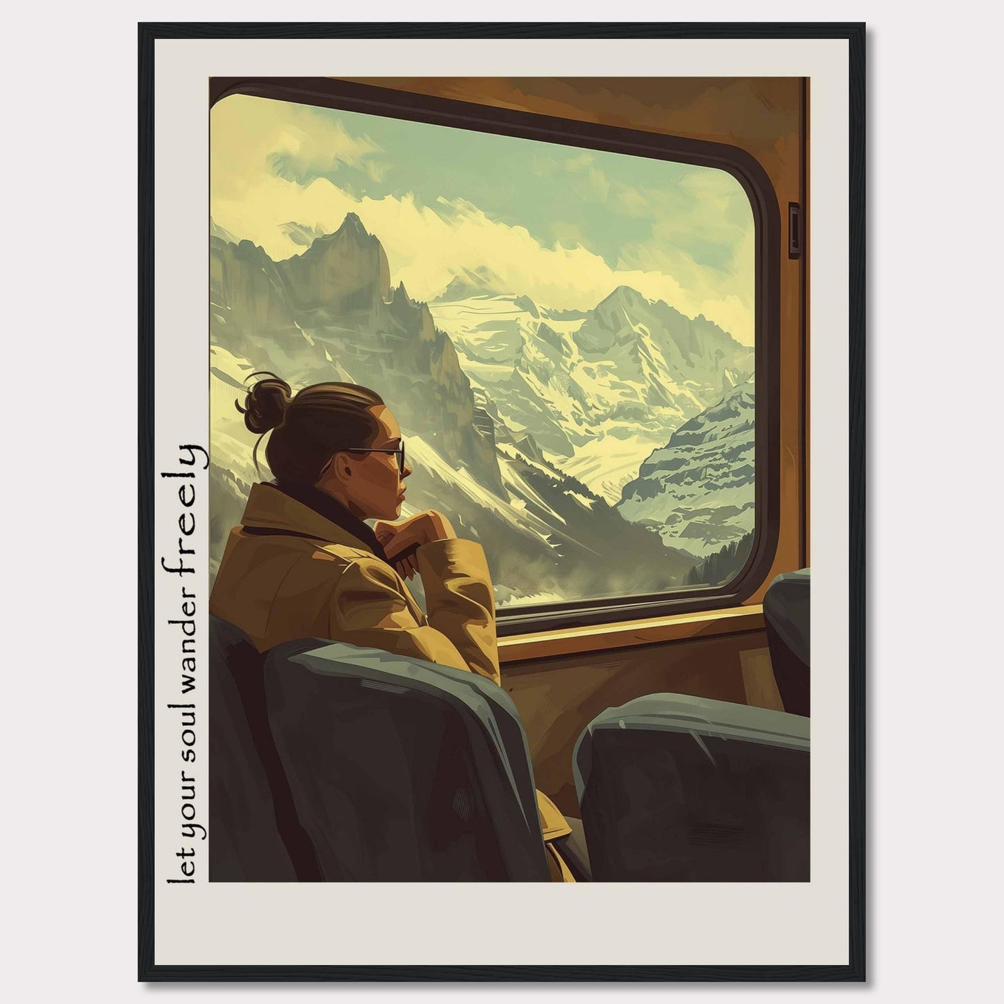 This image depicts a serene moment of a woman gazing out of a train window at a breathtaking mountain landscape. The scene is framed with the text "Let your soul wander freely" on the left side.