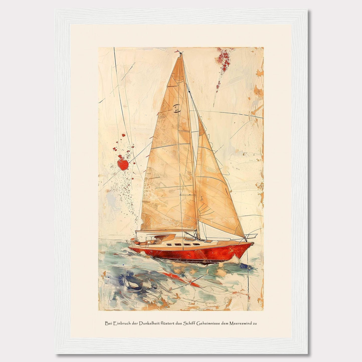 This artwork depicts a stunning sailboat navigating through the ocean with its sails fully unfurled. The painting features a vibrant red boat set against a dynamic background of abstract lines and splashes of color, giving a sense of movement and adventure. The text at the bottom reads: "Bei Einbruch der Dunkelheit flüstert das Schiff Geheimnisse dem Meereswind zu," which translates to "At dusk, the ship whispers secrets to the sea breeze."