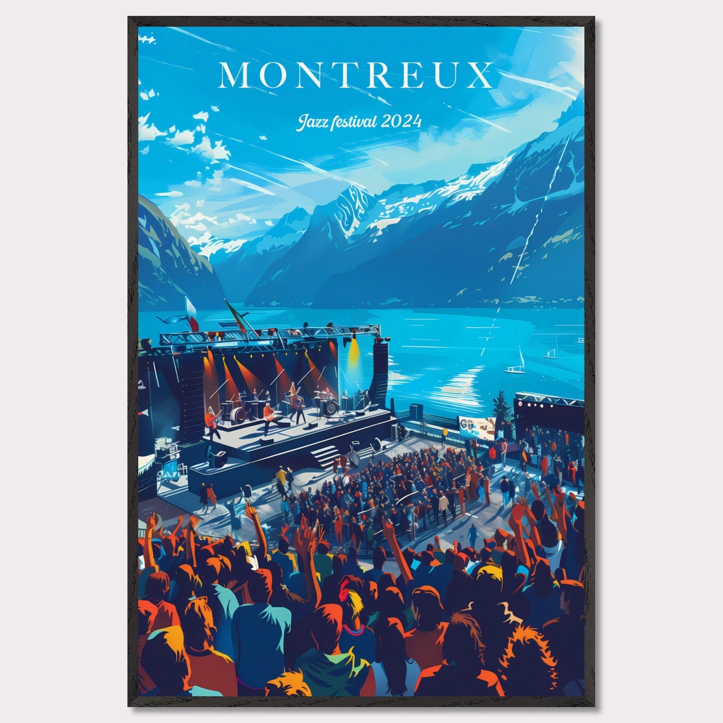 This vibrant poster showcases the Montreux Jazz Festival 2024, set against the stunning backdrop of Lake Geneva and the Swiss Alps. The image features a lively crowd enjoying a performance on an outdoor stage, with musicians playing under a clear blue sky.