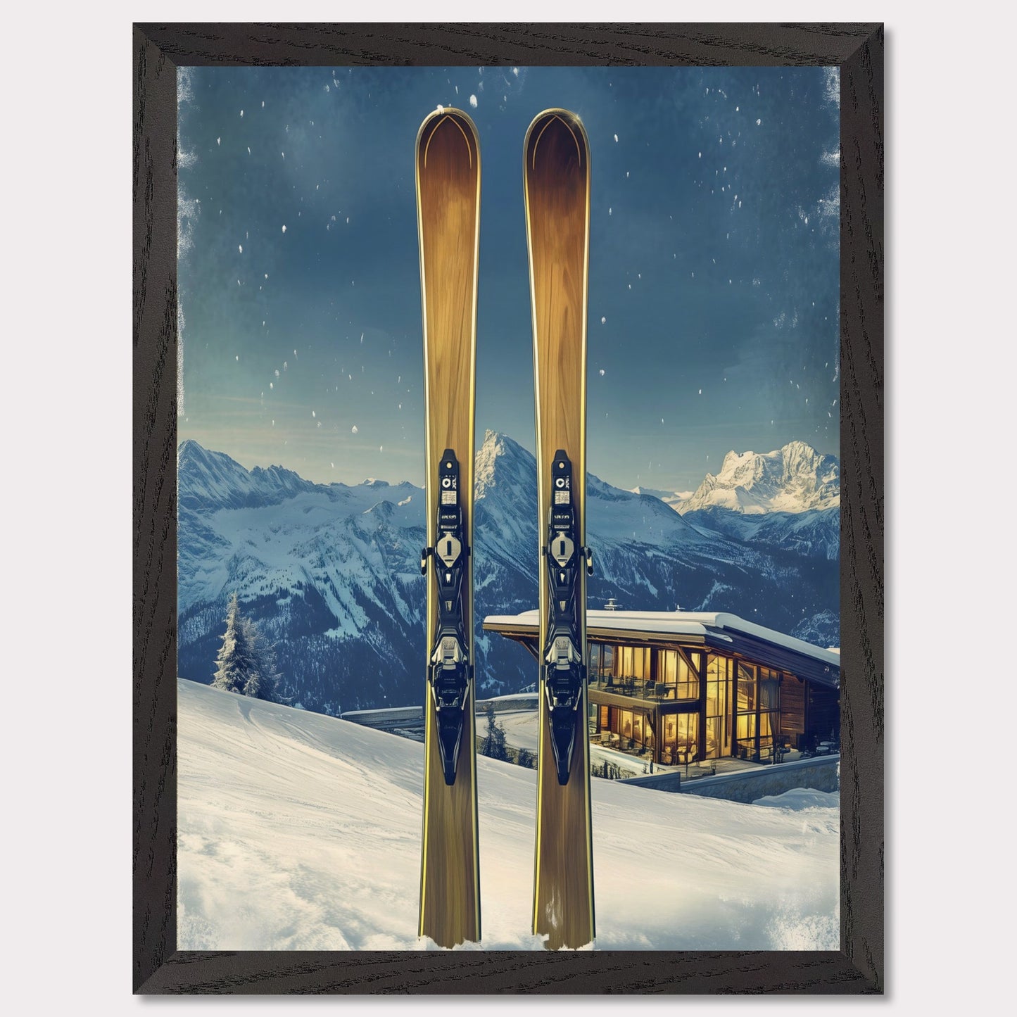 This elegant poster showcases the perfect blend of tradition and modernity in a snowy alpine escape. Two sleek skis stand proudly in the foreground, while a contemporary, glowing chalet nestled in the mountains provides a warm contrast to the frosty winter scene.