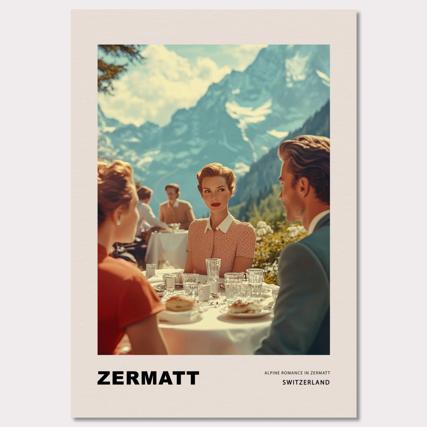 This poster transports us to a world of elegant romance amidst the mountainous landscapes of Zermatt, Switzerland. At the center of the scene is a refined woman with a romantic, enigmatic gaze directed at the man across the table on a café terrace, set against the majestic backdrop of the Alps. 