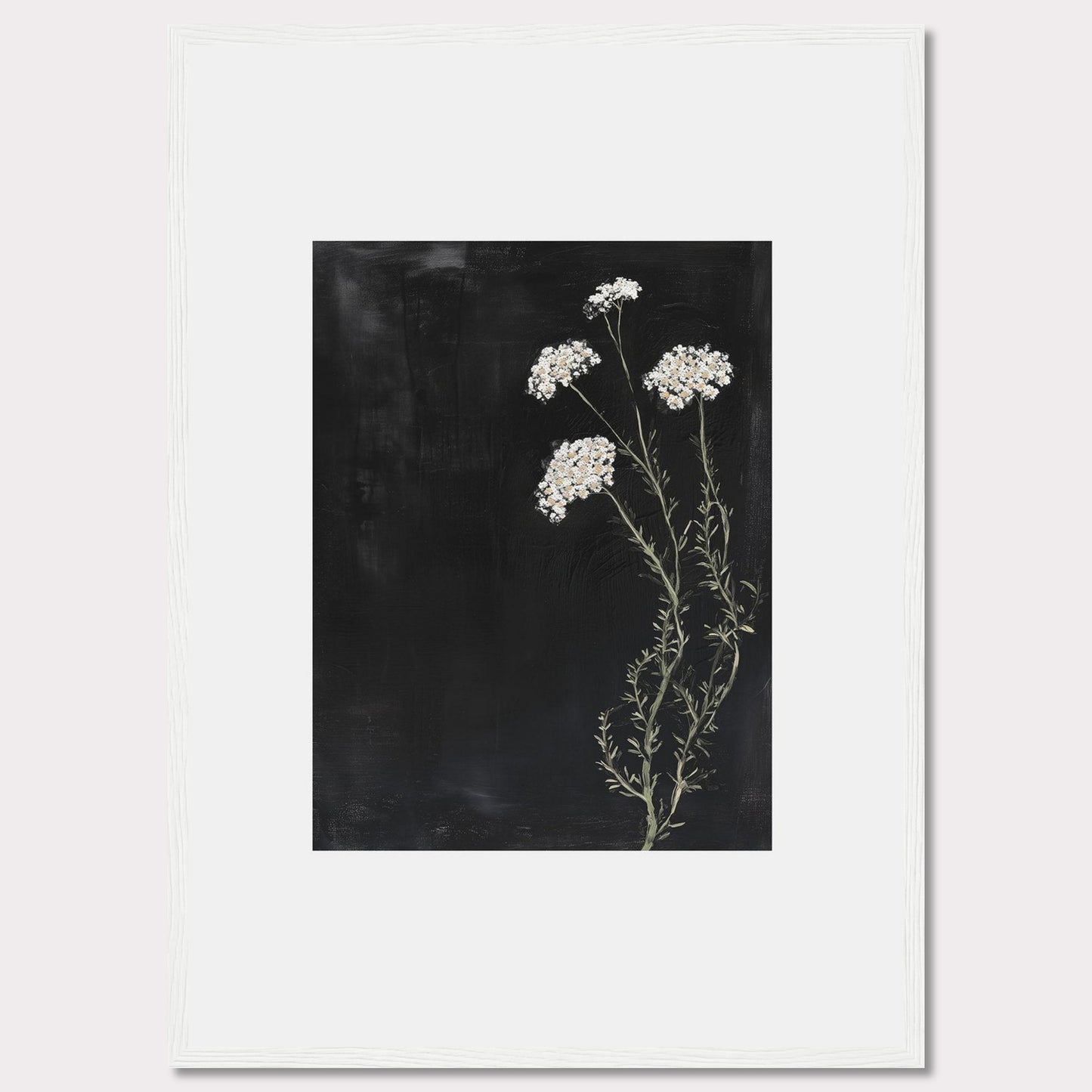 This elegant framed artwork features delicate white flowers against a deep black background, creating a striking contrast. The minimalist design emphasizes the natural beauty of the floral arrangement, making it a perfect addition to any modern interior.