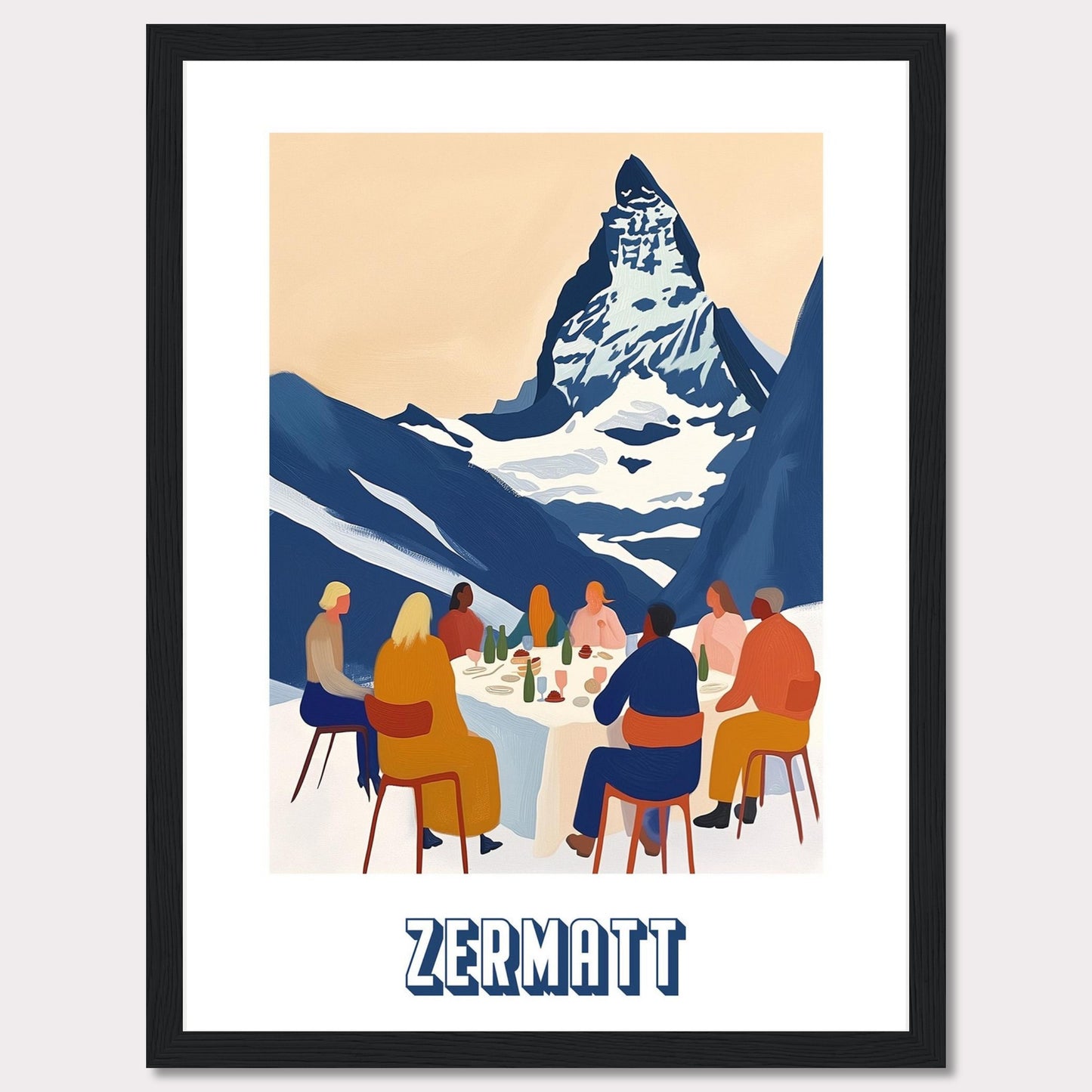 A vibrant and artistic illustration of a group of people dining outdoors with the majestic Matterhorn mountain in the background. The scene captures the essence of Zermatt, Switzerland.