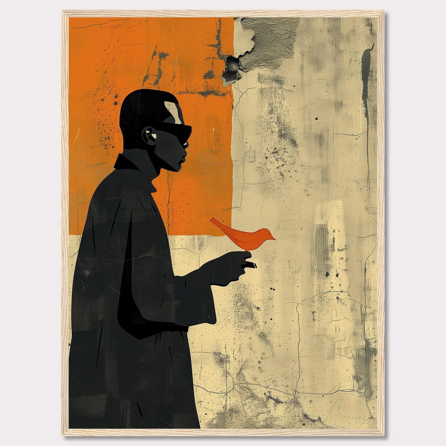 This striking artwork features a silhouette of a person holding a vibrant orange bird against a textured, abstract background. The contrast between the dark figure and the bright bird creates a powerful visual impact.