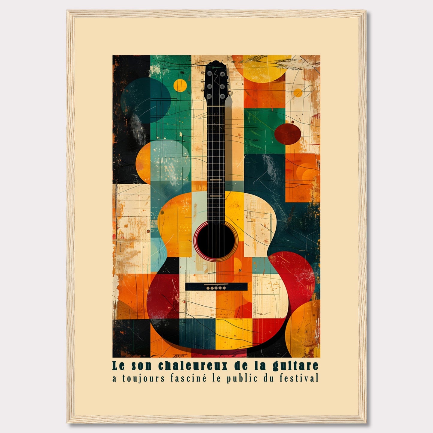 This vibrant artwork features an abstract depiction of an acoustic guitar, blending geometric shapes and bold colors. The French text at the bottom reads, "Le son chaleureux de la guitare a toujours fasciné le public du festival," which translates to "The warm sound of the guitar has always fascinated the festival audience."