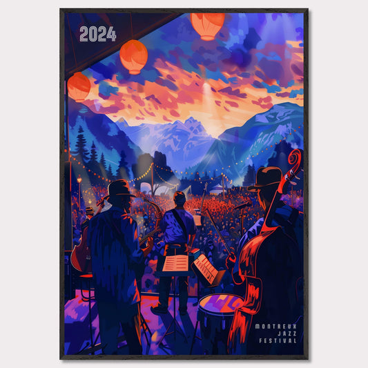 This vibrant poster depicts a lively jazz festival set against a stunning mountain backdrop. The scene is illuminated by colorful lanterns and features a band performing to a large, enthusiastic crowd. The sky is painted with dramatic hues of orange and purple, enhancing the festive atmosphere.