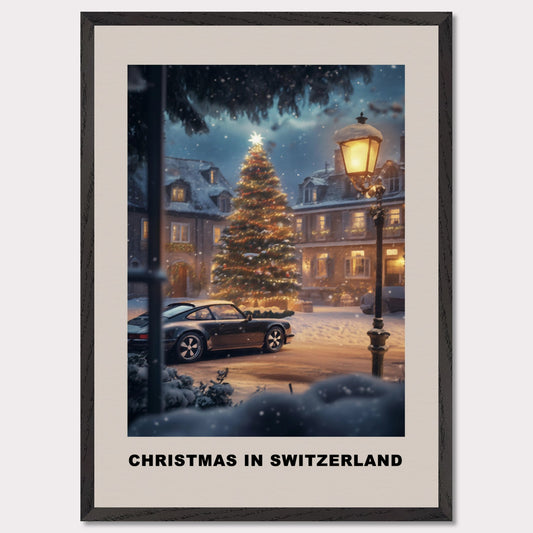 This heartwarming poster depicts a magical Swiss town square adorned with a glowing Christmas tree under a snowy evening sky. A classic vintage car adds a nostalgic charm, parked amidst festive lights and cozy, snow-covered houses. The scene invites you to experience the serene joy of a Swiss Christmas.