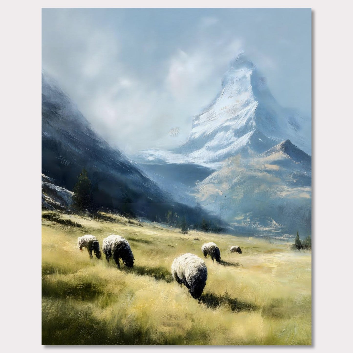 In the shadow of the Matterhorn, sheep graze peacefully on sunlit fields. This pastoral scene blends the grandeur of the Alps with the charm of rural life. The softness of the animals and golden grass contrasts beautifully with the snow-covered majesty above.