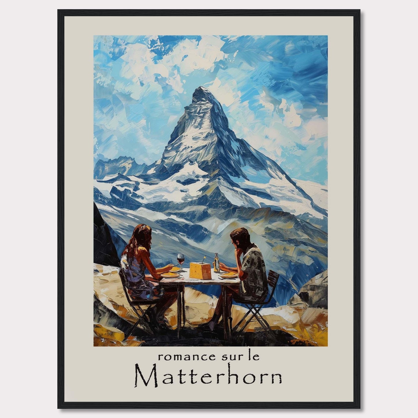 This captivating poster showcases a romantic scene at the Matterhorn, with a couple enjoying a meal against the breathtaking backdrop of the iconic mountain.