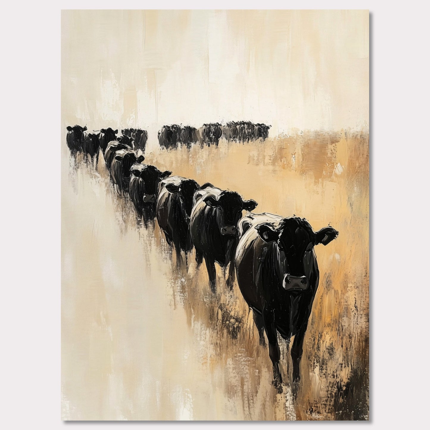 This captivating artwork portrays a herd of black cows walking in a line across a serene, golden field. The abstract brush strokes and muted color palette evoke a sense of calm and tranquility.