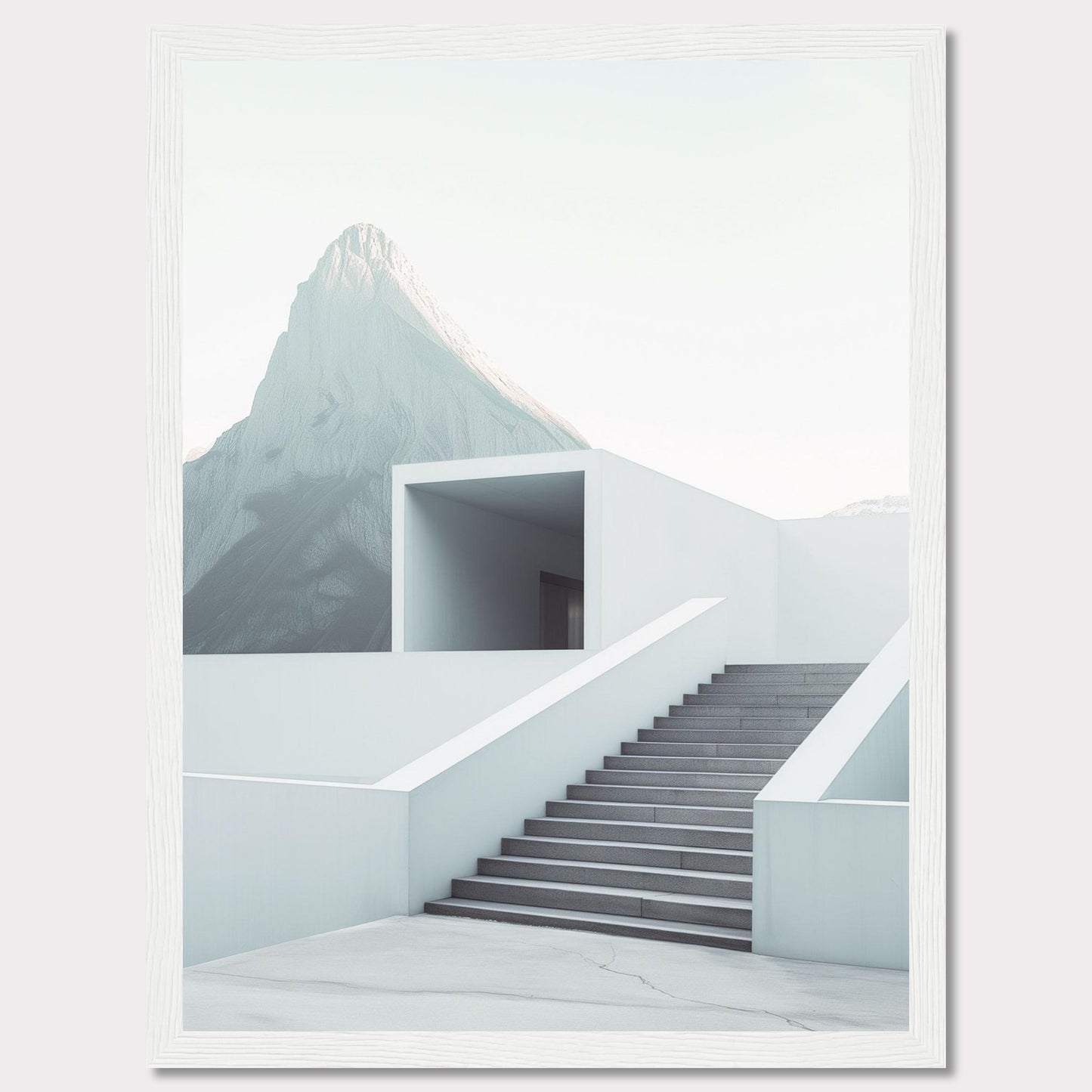 This minimalist artwork features a serene mountain backdrop with a modern architectural staircase leading to a simple, open structure. The clean lines and soft color palette evoke a sense of tranquility and sophistication.