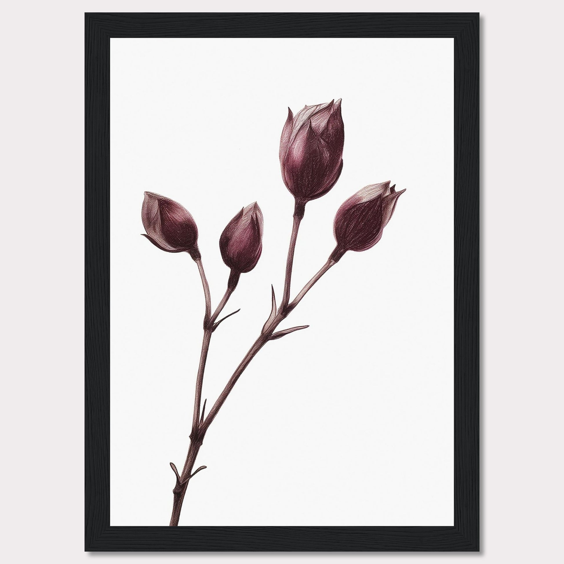 This image displays a minimalist botanical illustration of a plant with five closed flower buds, captured in a delicate and detailed manner. The artwork is framed in a simple black frame, accentuating the elegance of the drawing.