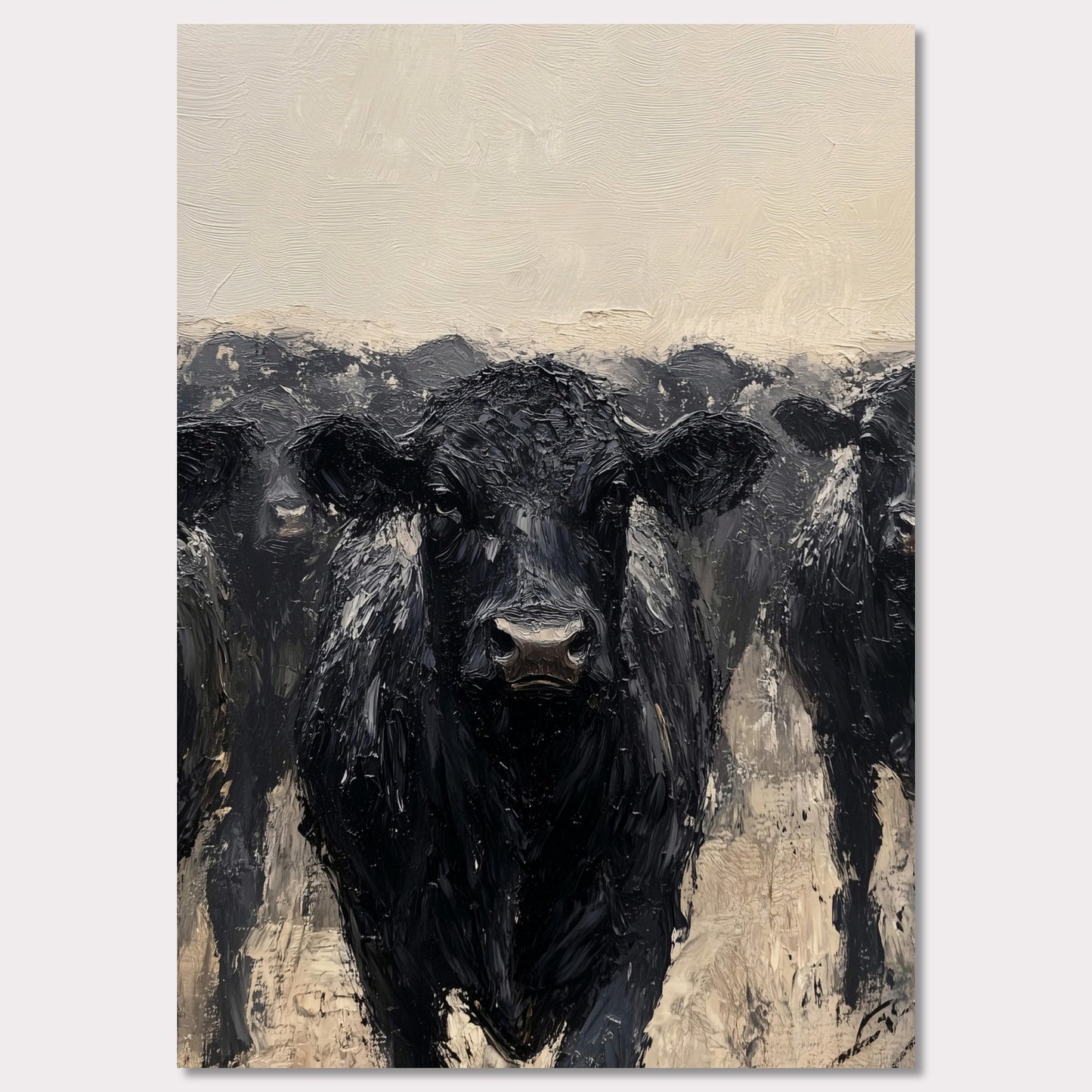 This striking painting captures the intense gaze of a black cow, surrounded by its herd. The textured brushstrokes and muted color palette create a powerful and captivating image.