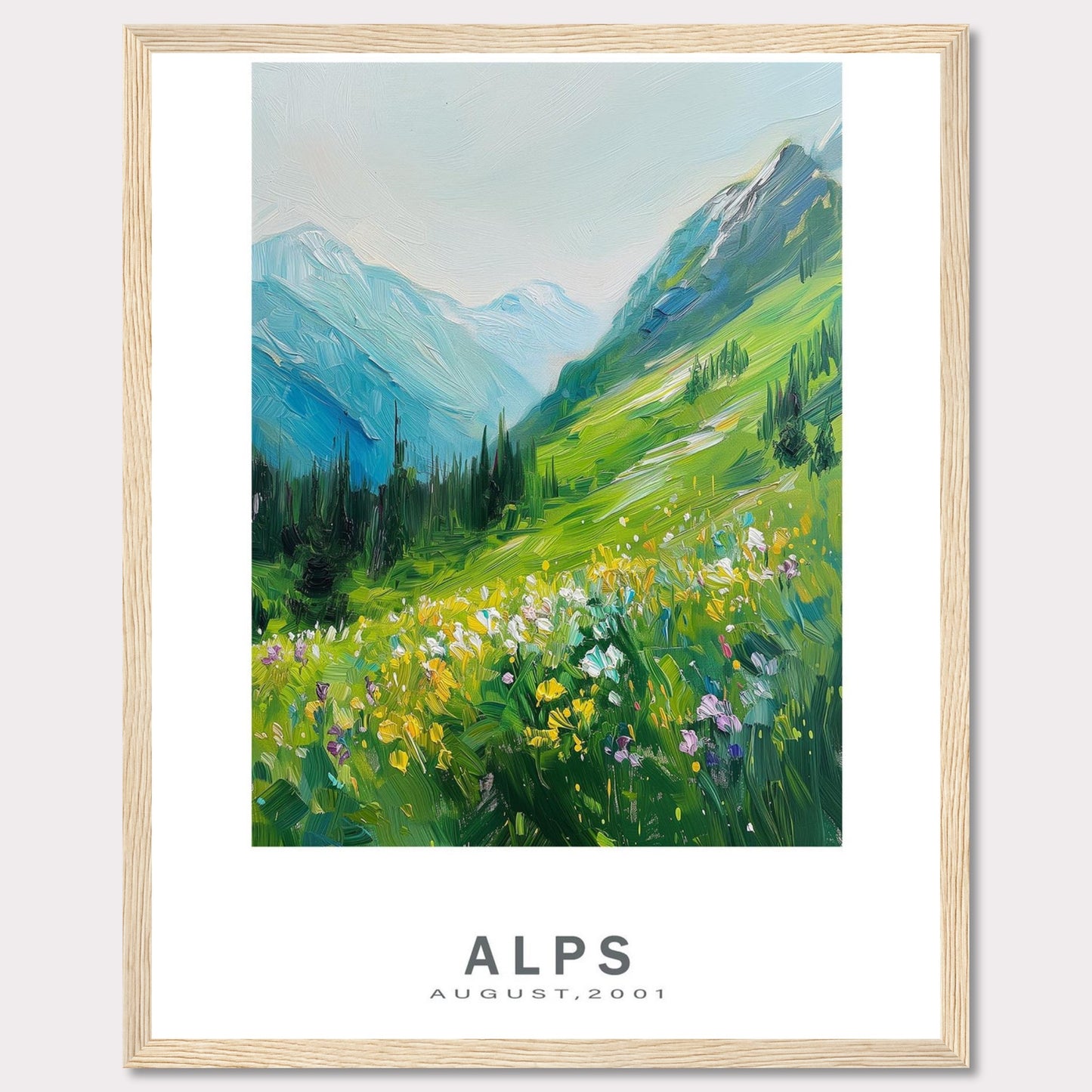 This beautiful framed artwork captures a vibrant and serene landscape of the Alps in August 2001. The painting showcases lush green mountains, colorful wildflowers, and a tranquil sky.