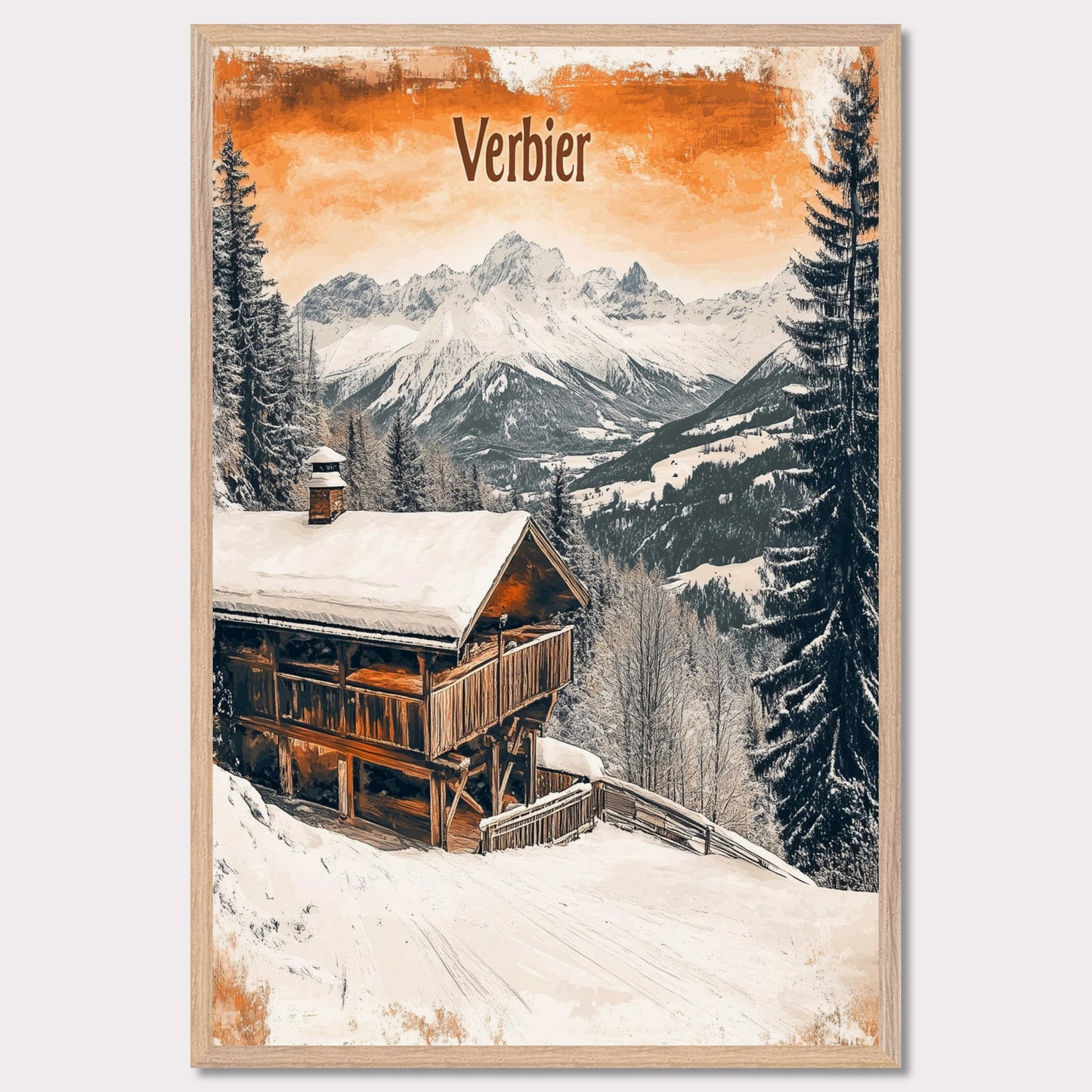 This charming retro-style poster showcases a cozy wooden cabin nestled in the snowy mountains of Verbier. The cabin, with its warm and rustic exterior, contrasts beautifully against the crisp white snow and towering, snow-capped peaks in the distance. The soft, vintage tones in the sky and the peaceful surroundings evoke a sense of tranquility and the perfect winter getaway. The gentle snowfall and warm cabin lights enhance the nostalgic feeling of a quiet retreat in the Alps.